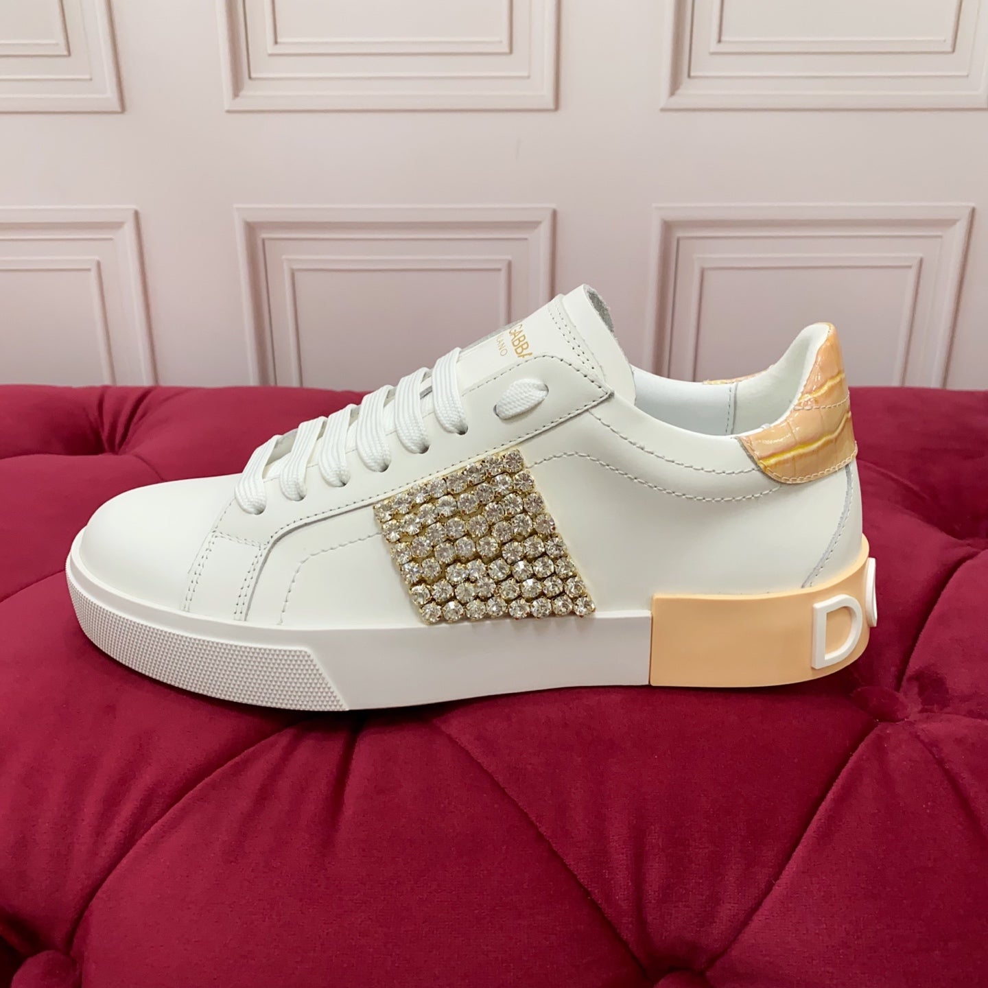 DC 25 Portofino Vintage Sneakers Yellow White Cowhide & Rhinestone Silk 333875