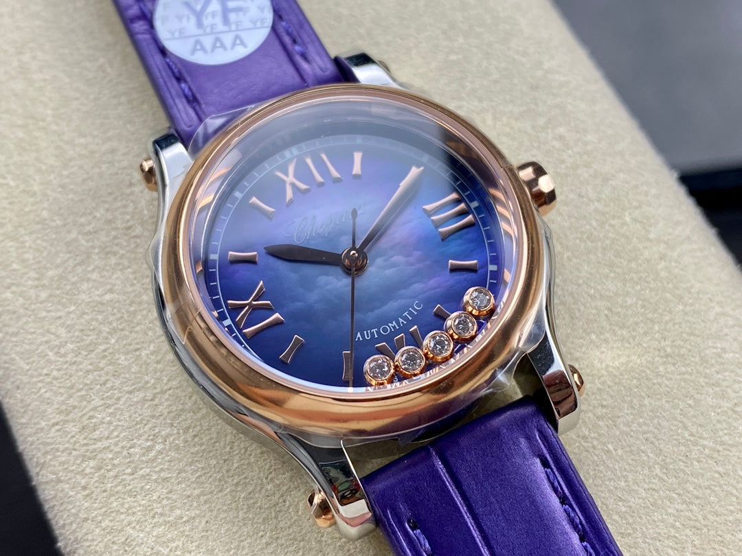 Happy Diamonds 30mm Pink Gold Blue Dial