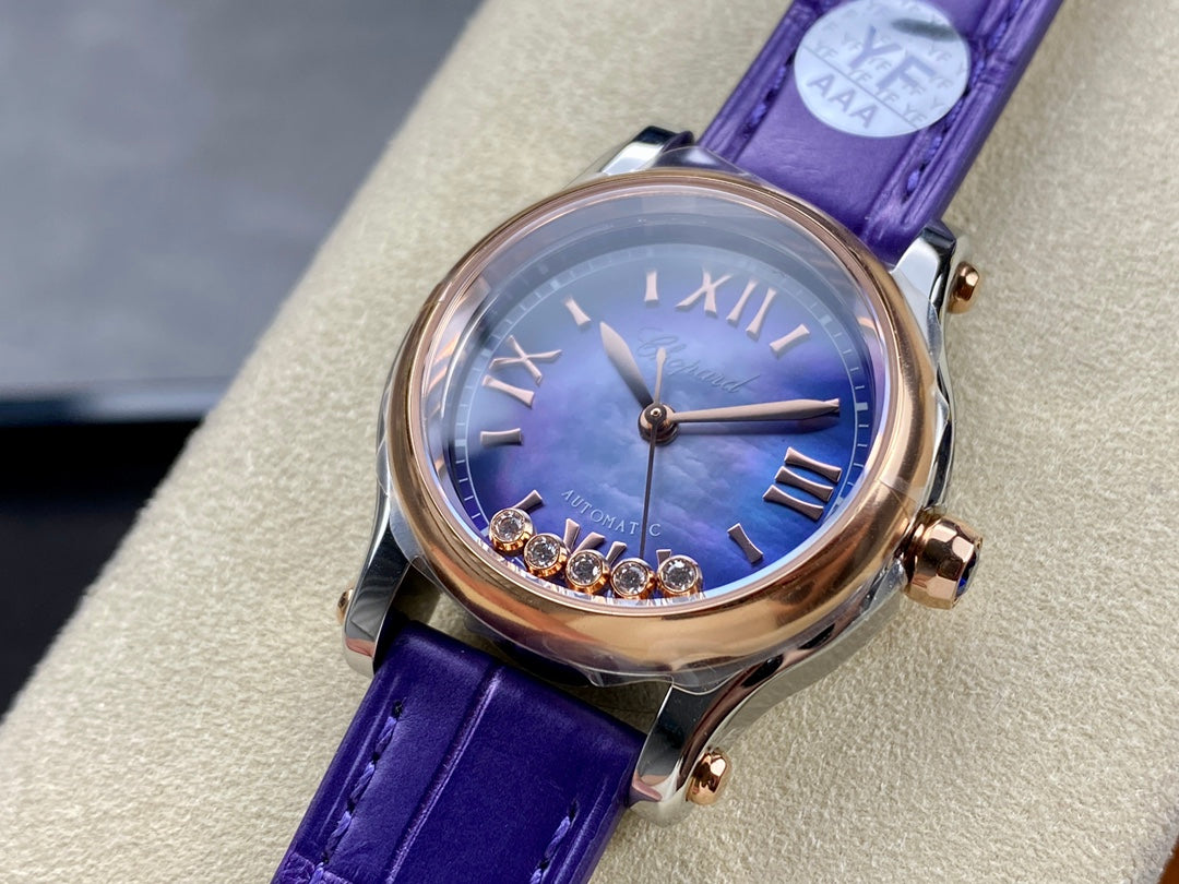Happy Diamonds 30mm Pink Gold Blue Dial