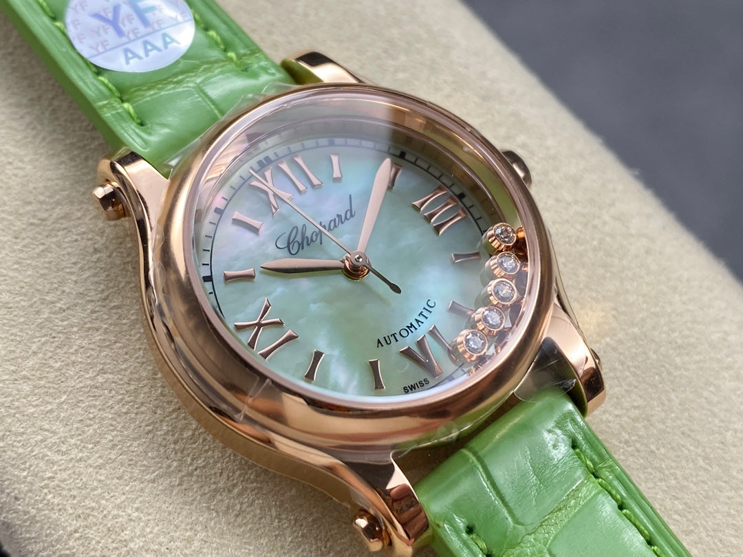 Happy Diamonds 30mm Pink Gold Green Dial