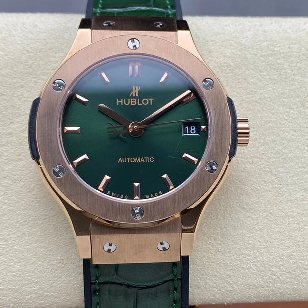 Hublot Classic Fusion 38mm Rose Gold Green Dial Green Leather Strap