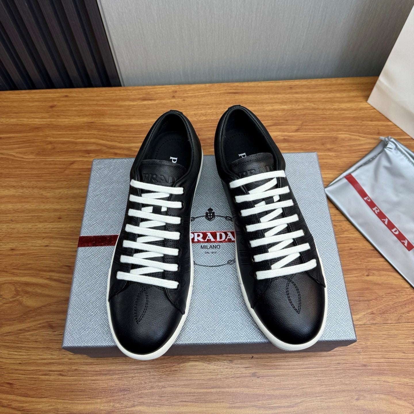 Prada Men's Black Imprint Sneaker Black Leather 102334