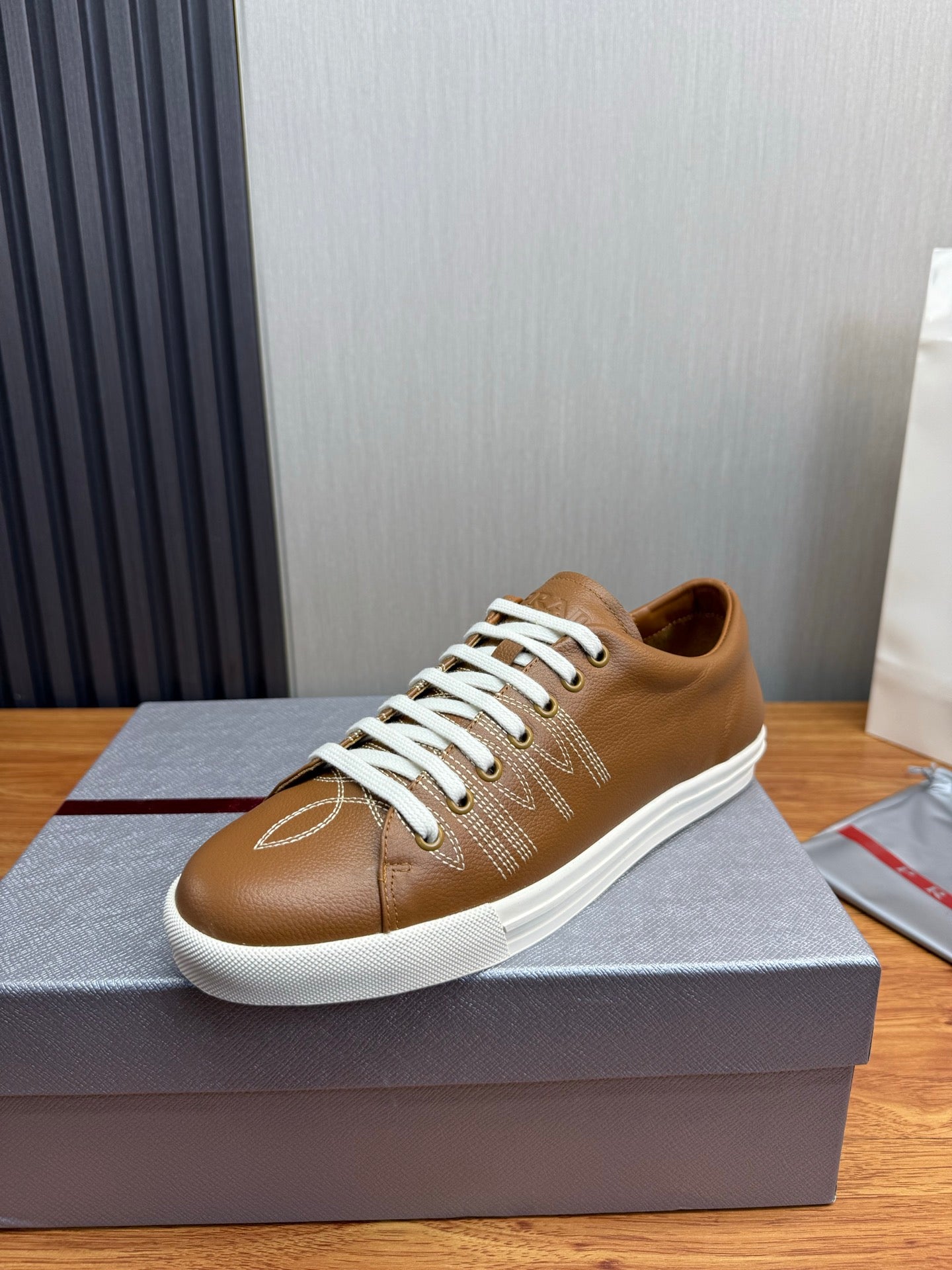 Prada Men's Black Imprint Sneaker Brown Leather 102330