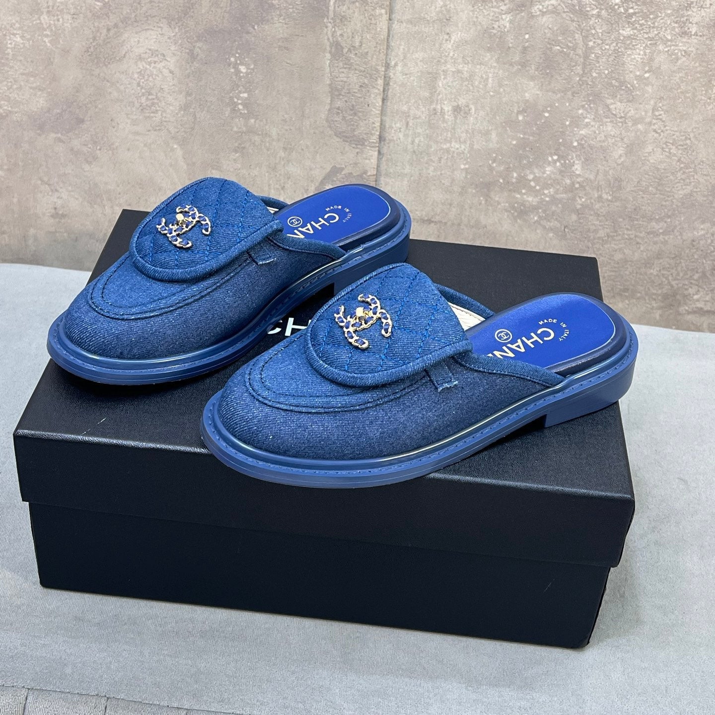 CC 26s Mule Loafers Blue Denim With Quilted Flap