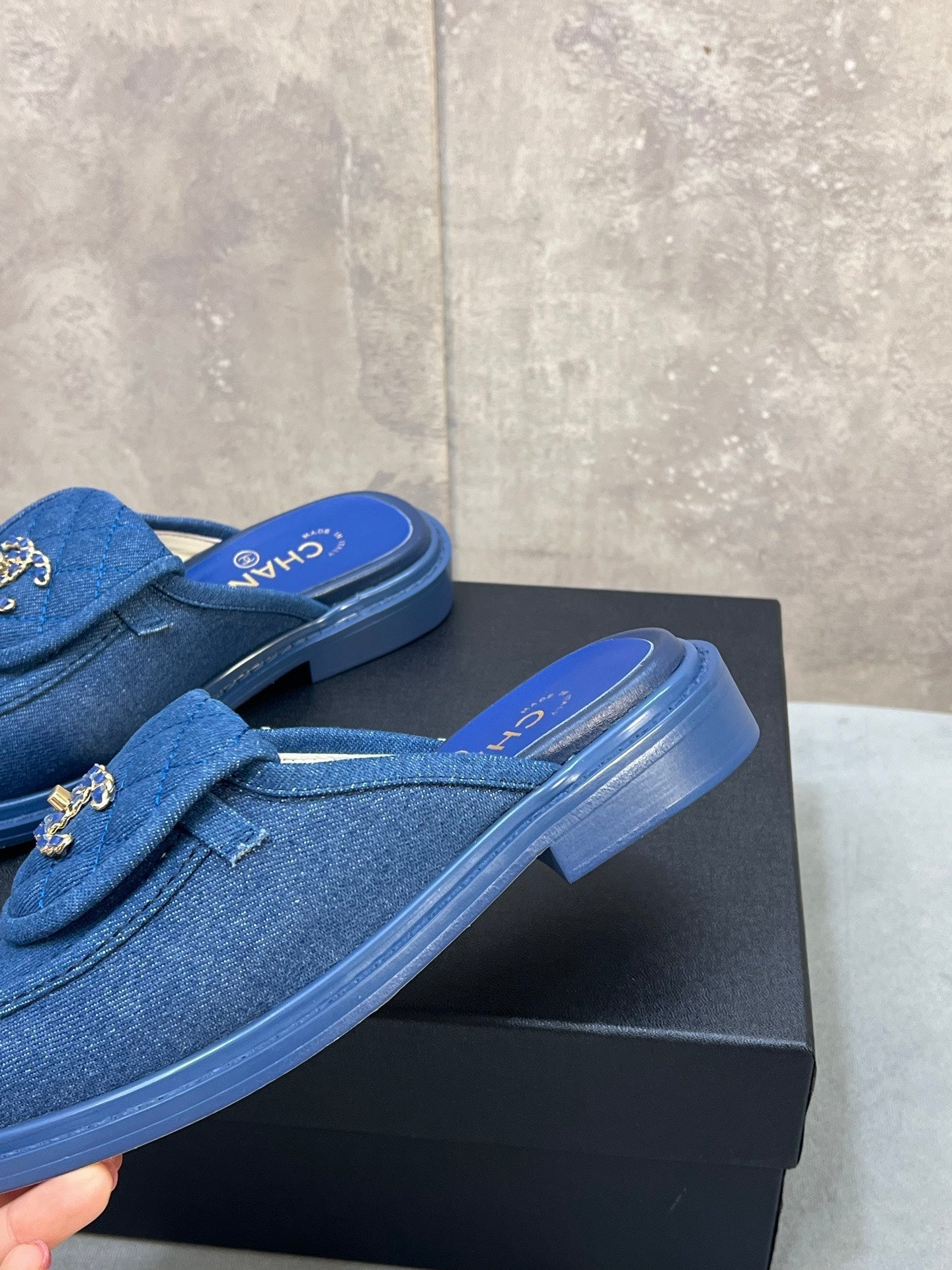CC 26s Mule Loafers Blue Denim With Quilted Flap