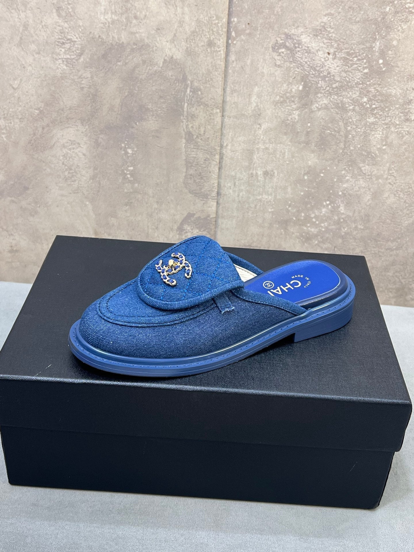 CC 26s Mule Loafers Blue Denim With Quilted Flap