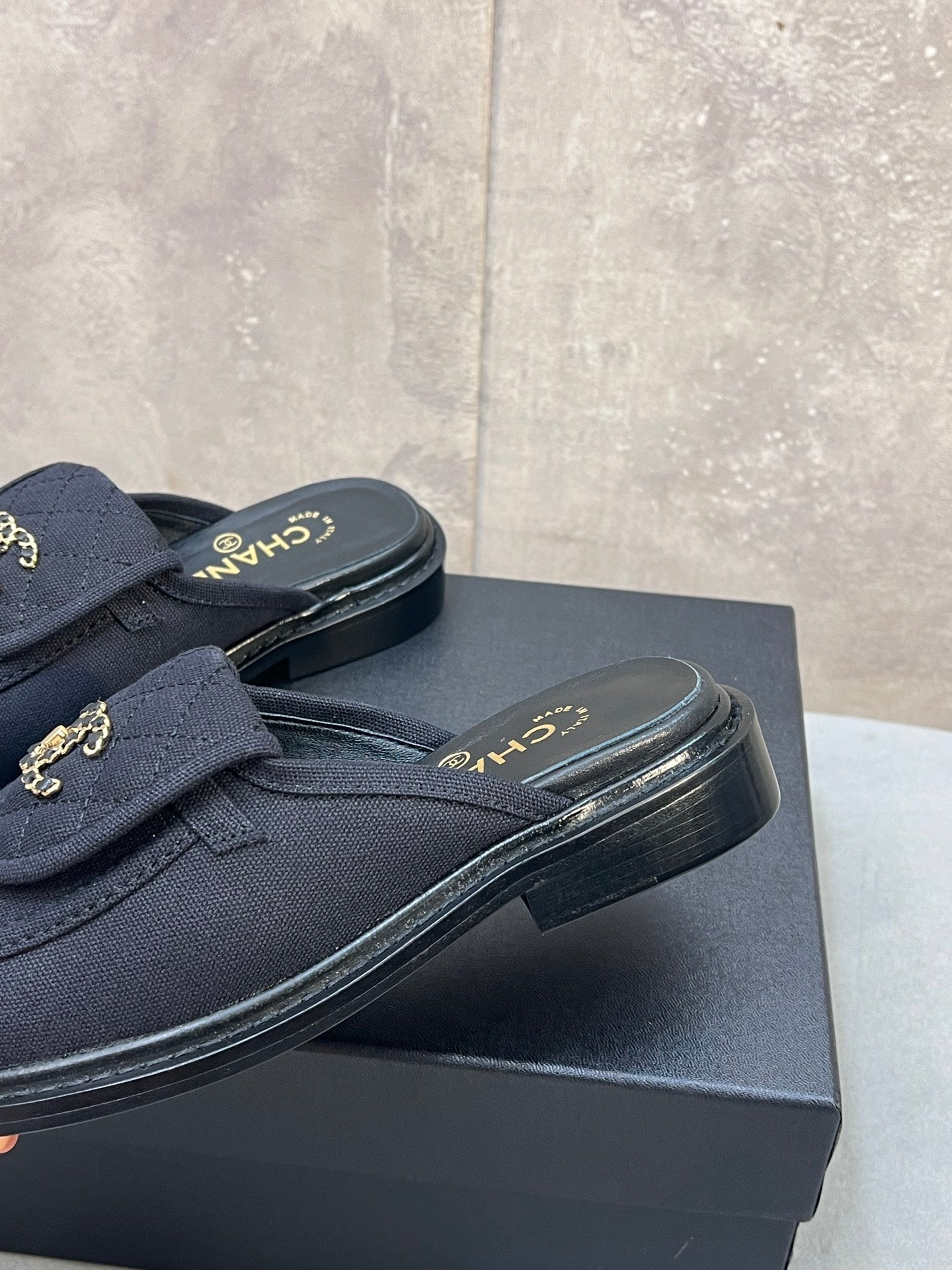 CC 26s Mule Loafers Black Canvas With Quilted Flap