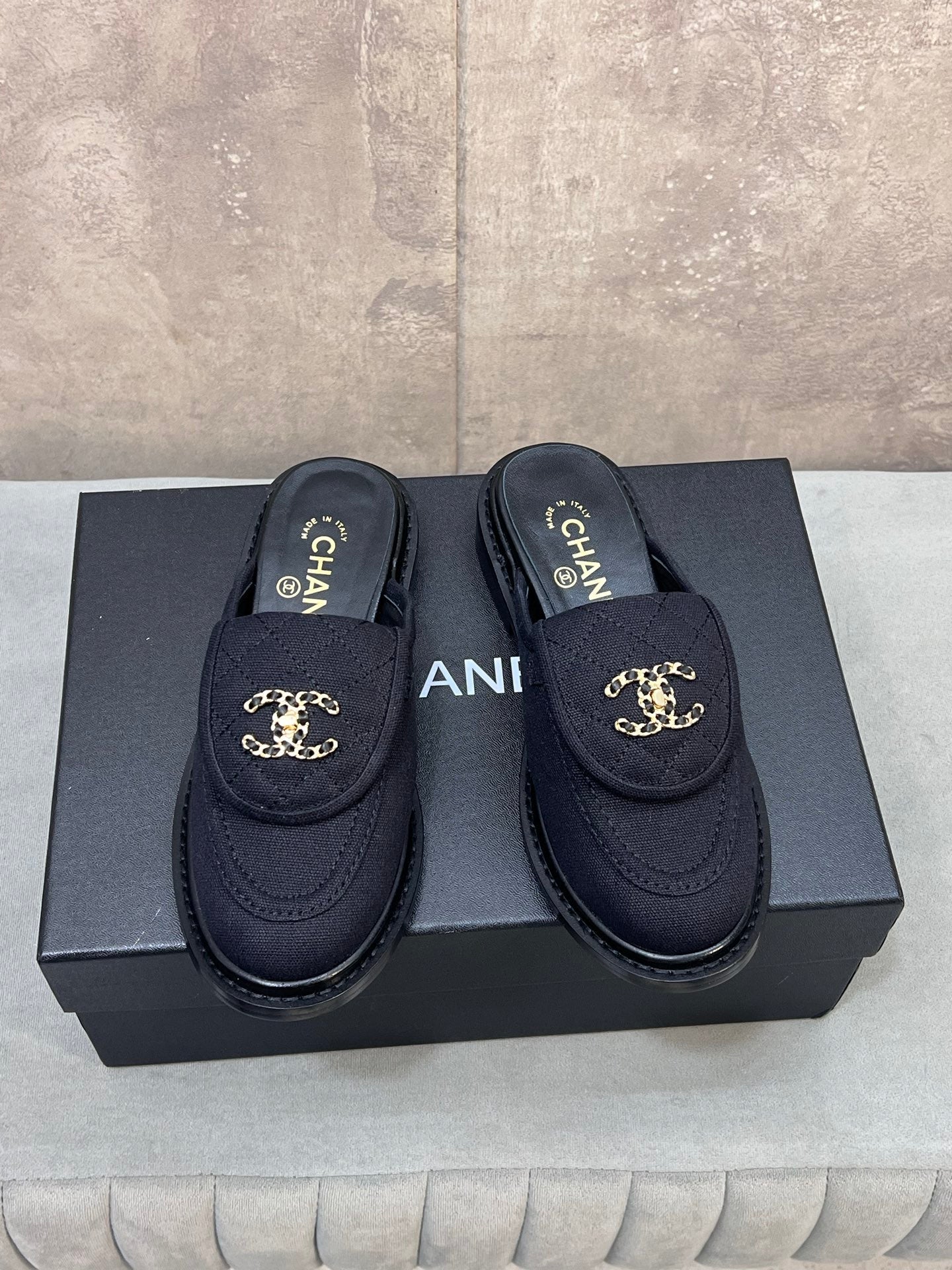 CC 26s Mule Loafers Black Canvas With Quilted Flap