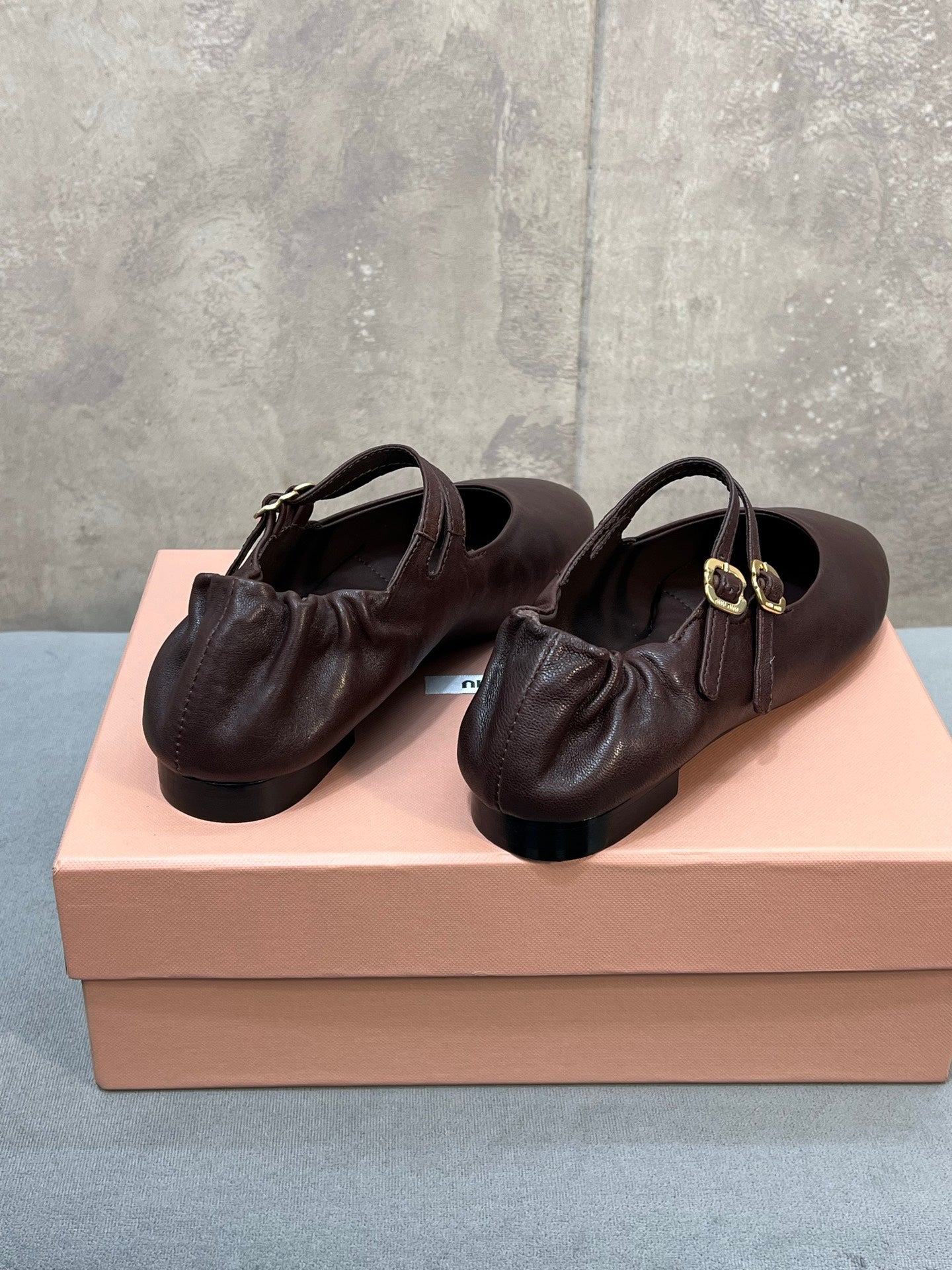 Miu 26s Double Strap Mary Jane Flats In Dark Brown Sheepskin