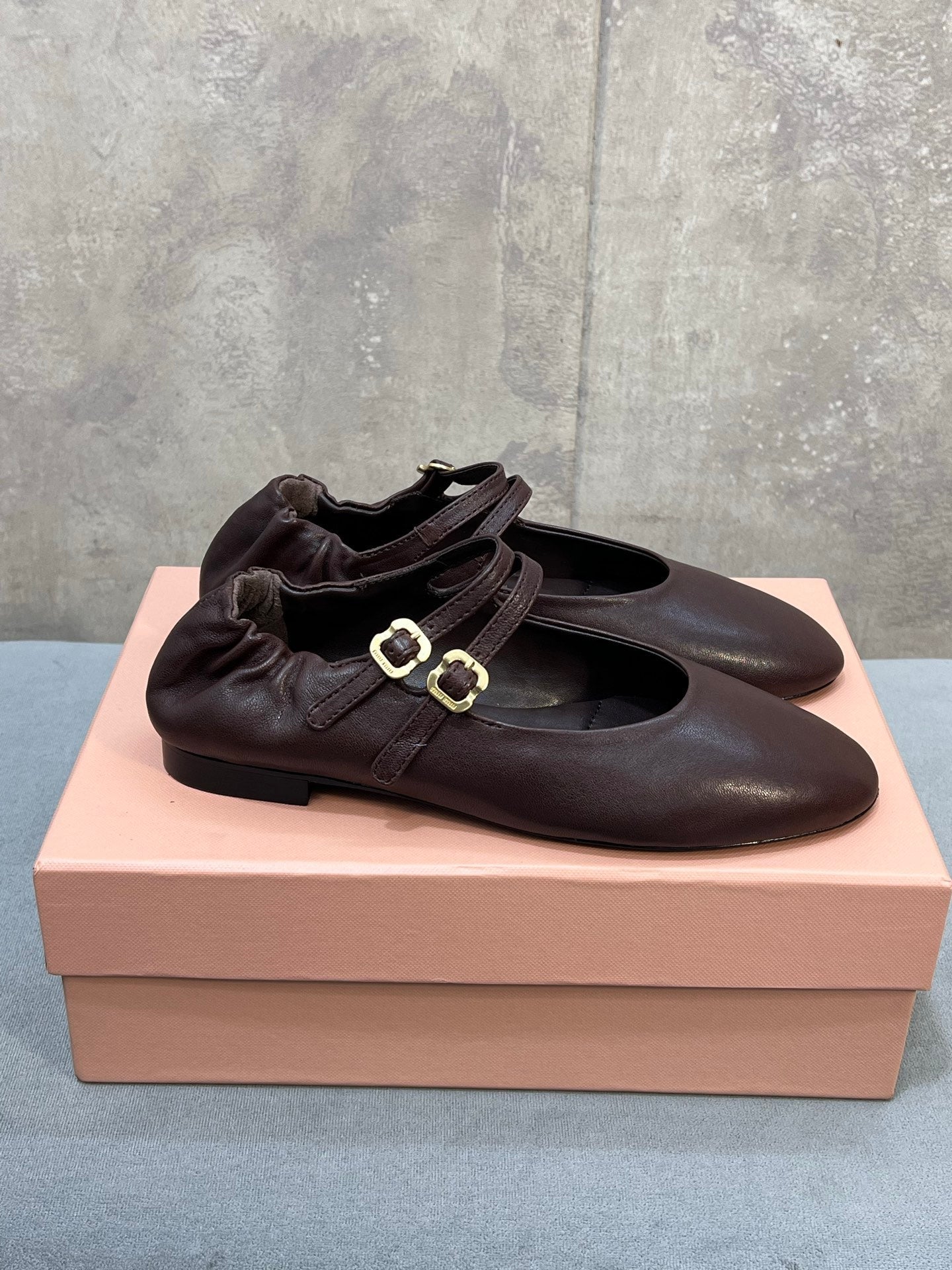 Miu 26s Double Strap Mary Jane Flats In Dark Brown Sheepskin