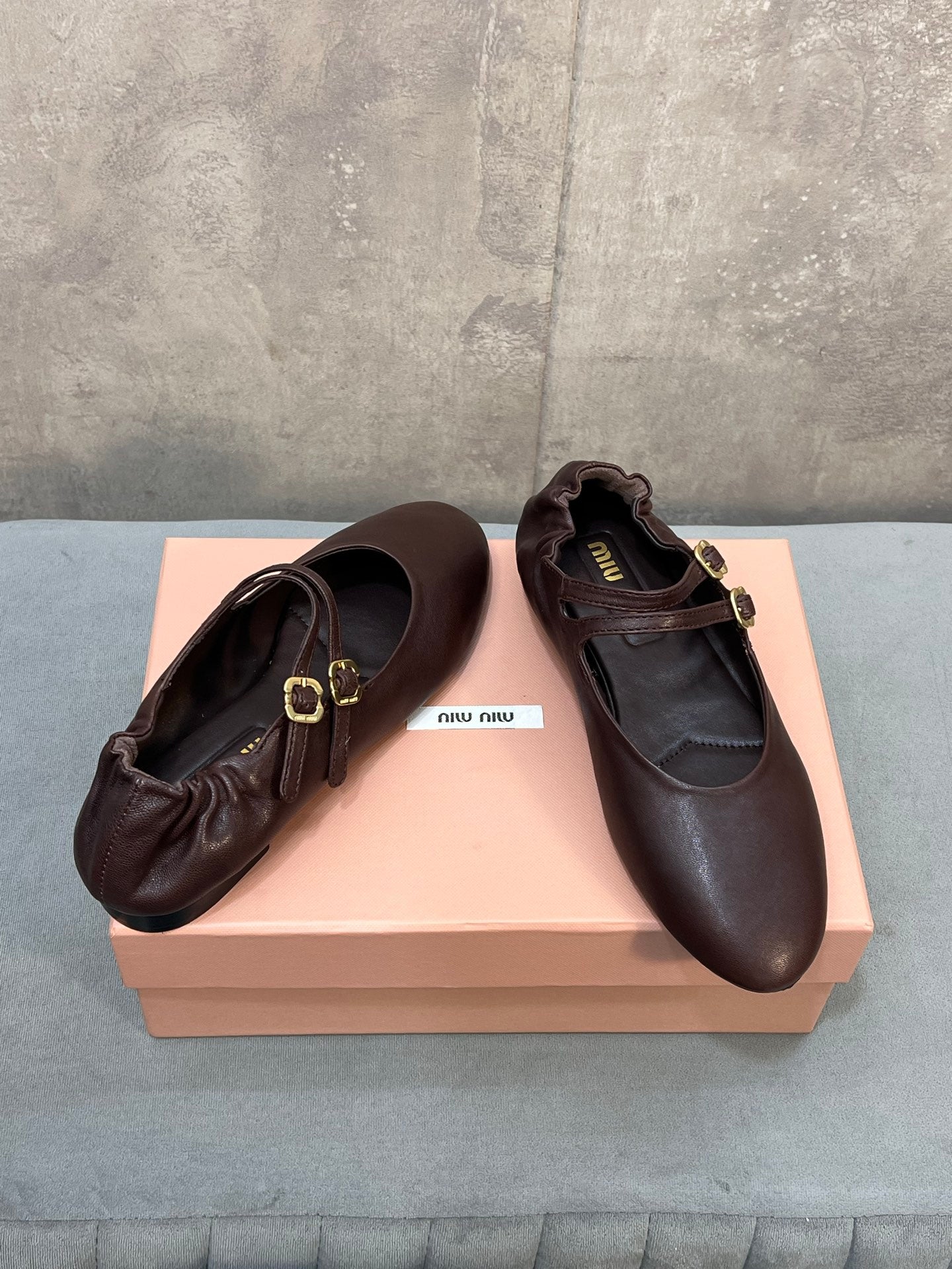 Miu 26s Double Strap Mary Jane Flats In Dark Brown Sheepskin