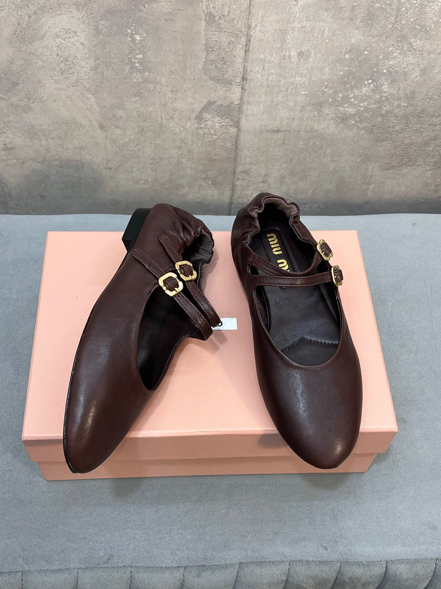 Miu 26s Double Strap Mary Jane Flats In Dark Brown Sheepskin