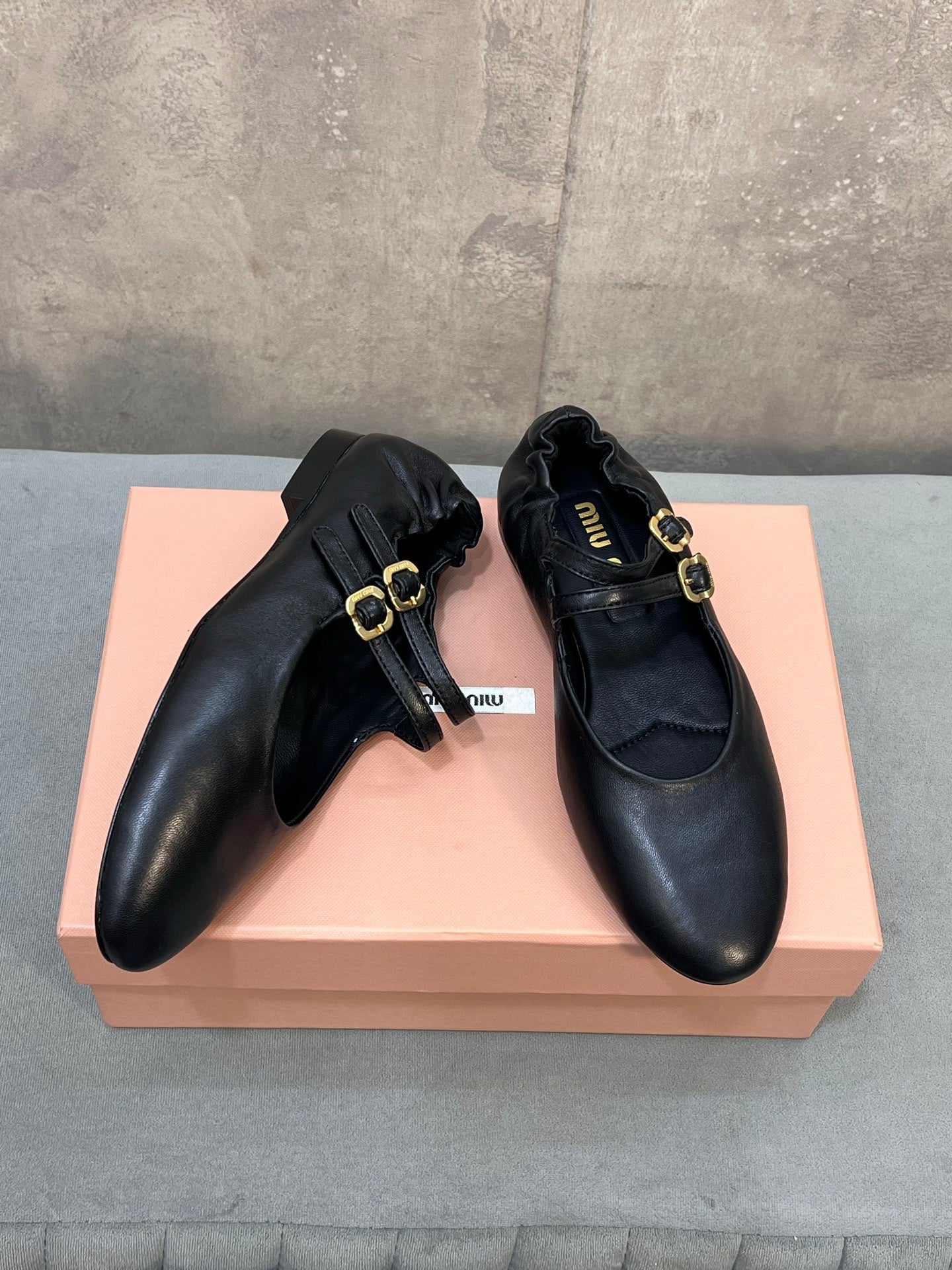Miu 26s Double Strap Mary Jane Flats In Black Sheepskin