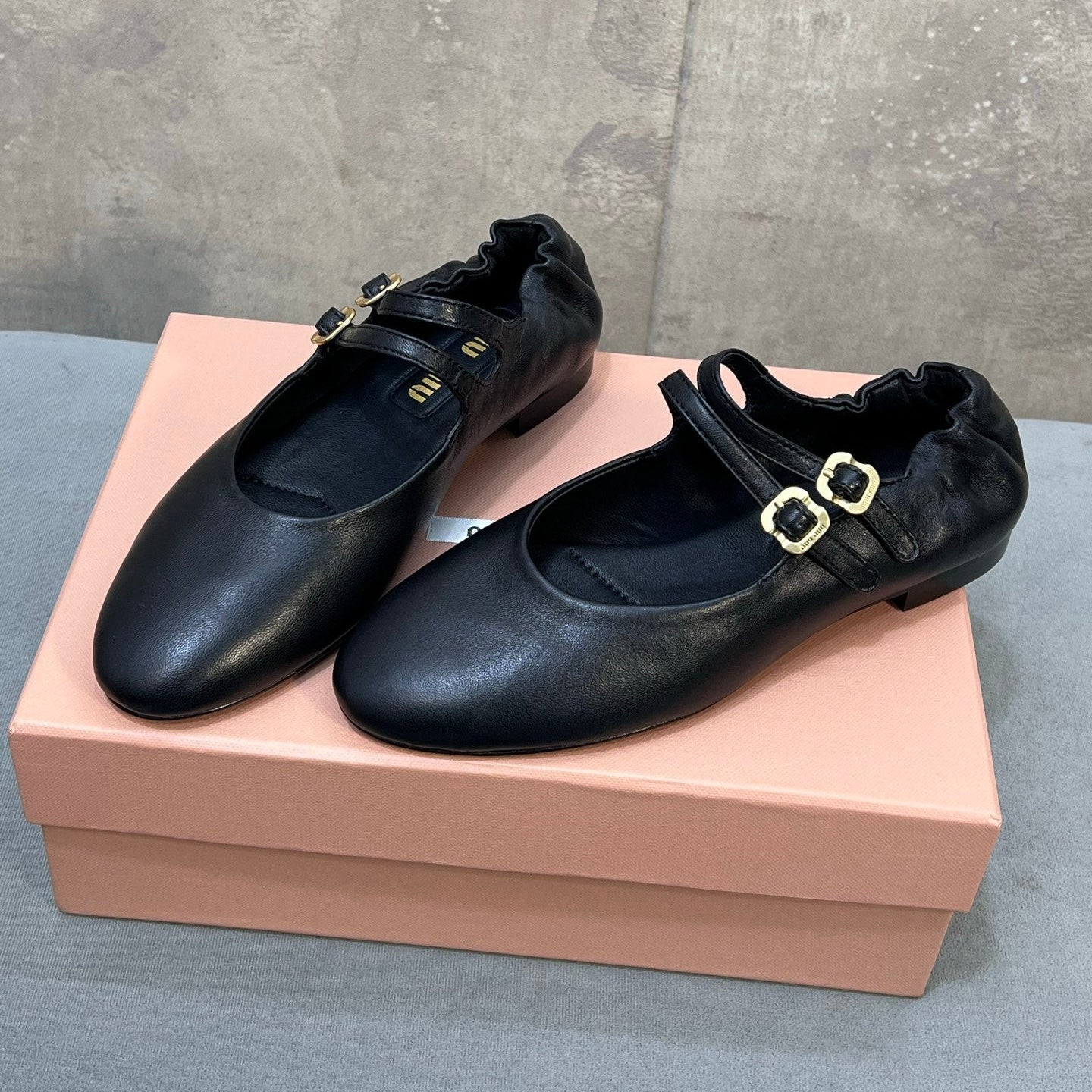 Miu 26s Double Strap Mary Jane Flats In Black Sheepskin