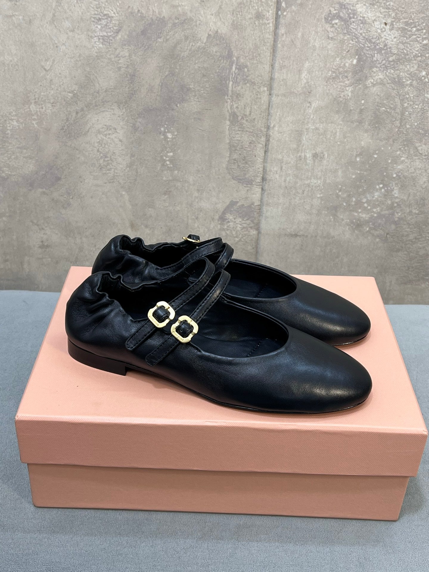 Miu 26s Double Strap Mary Jane Flats In Black Sheepskin