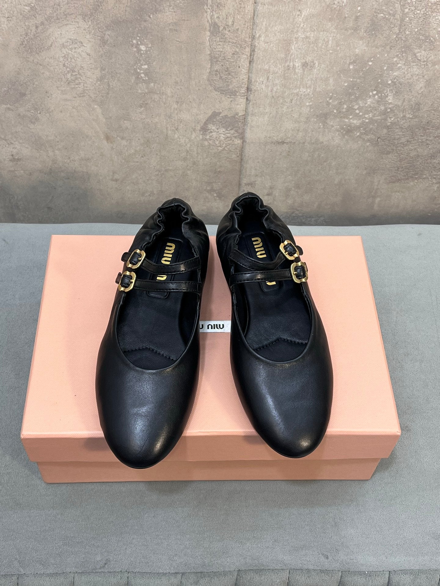 Miu 26s Double Strap Mary Jane Flats In Black Sheepskin