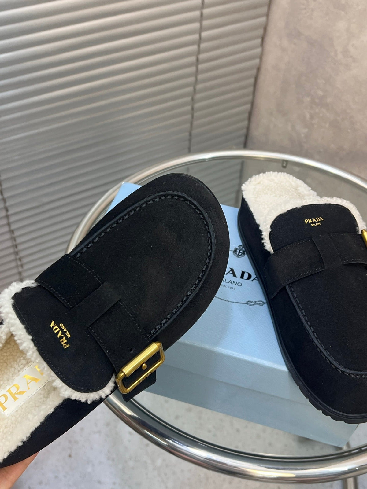 Prada 26s Mules Black Suede Shearing 952903