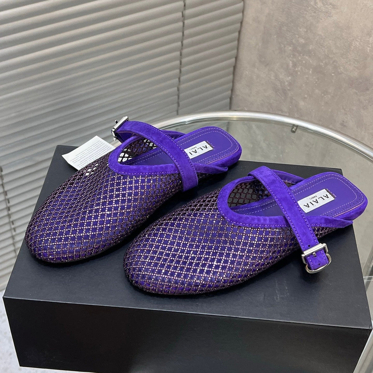Alaia 2026 Strass Mesh Mules Purple Suede 195869