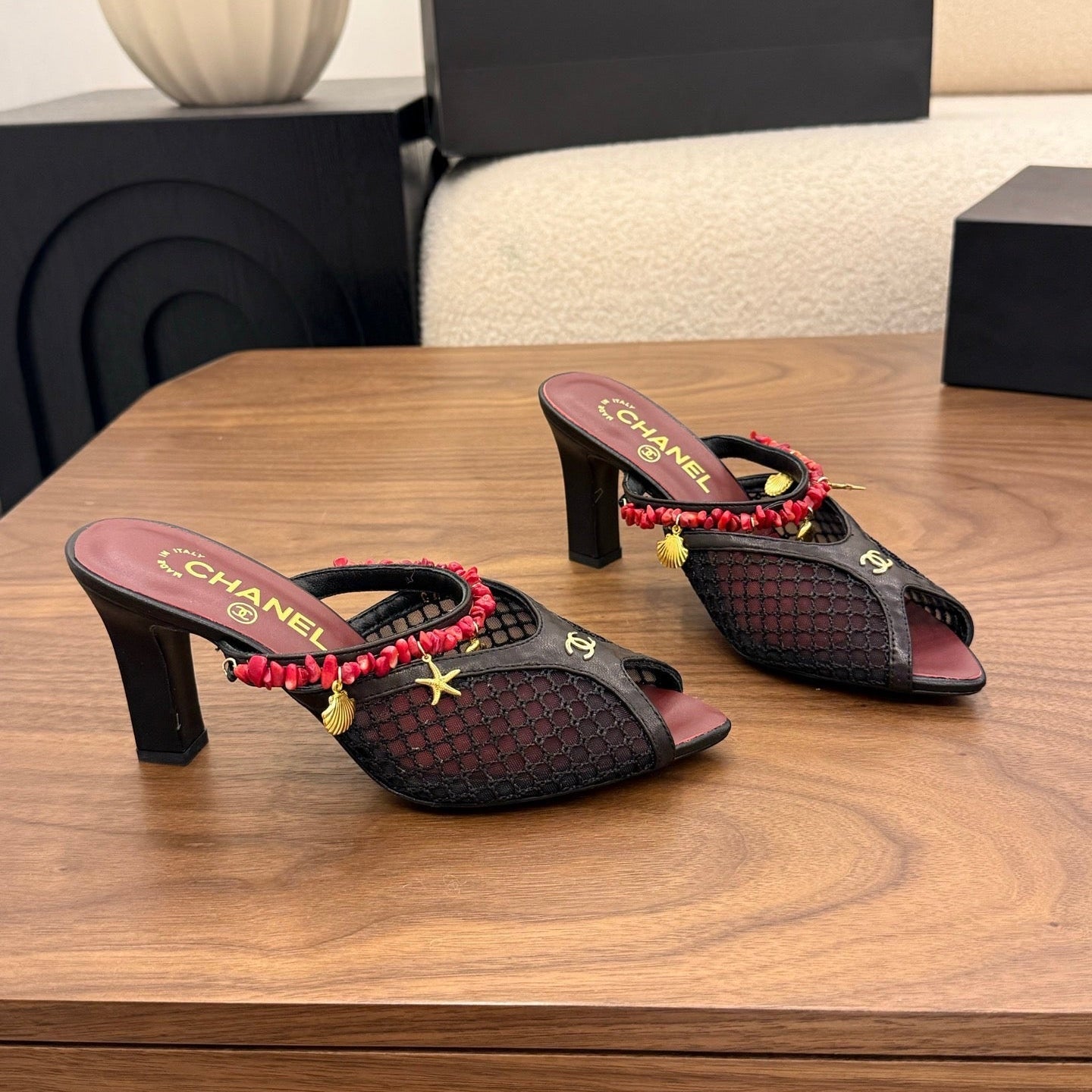 CC Coco Beach 26s Mule 9cm Black Mesh Lambskin Resin 790136
