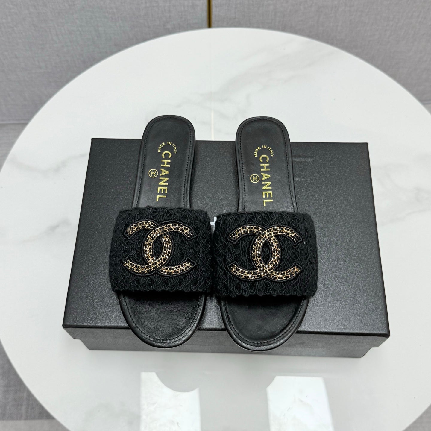CC Slide Sandals 25s In Black Fabric And Calfskin With Logo