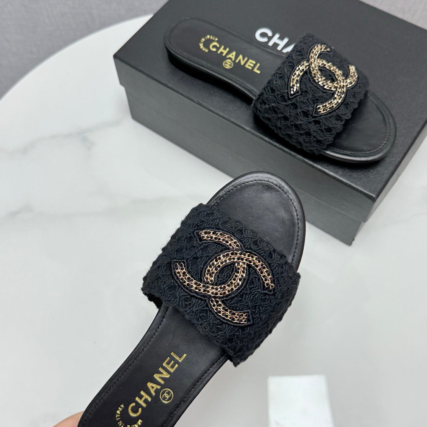 CC Slide Sandals 25s In Black Fabric And Calfskin With Logo
