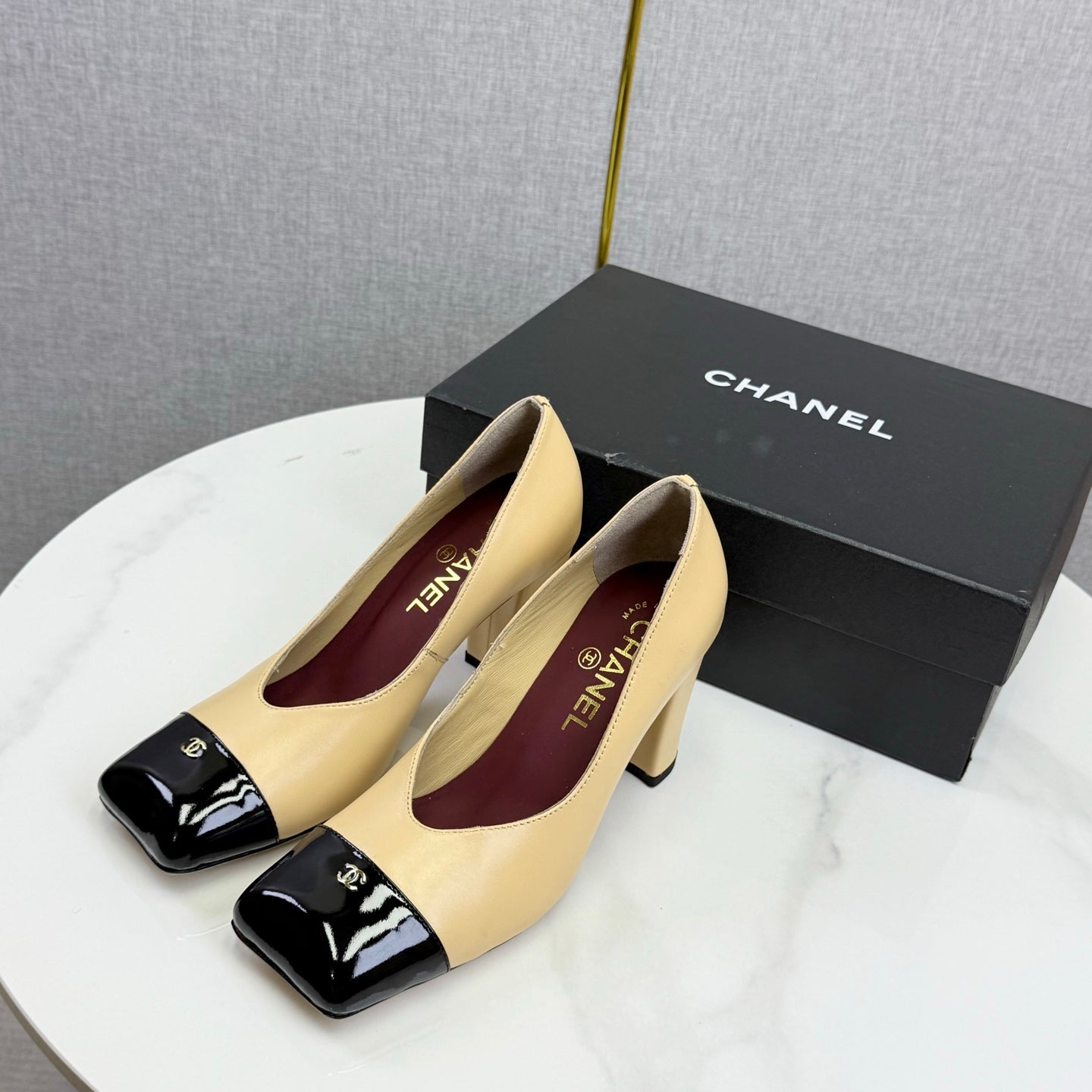 CC Square Toe Slingback Black Beige Sheepskin Patent Leather 541129
