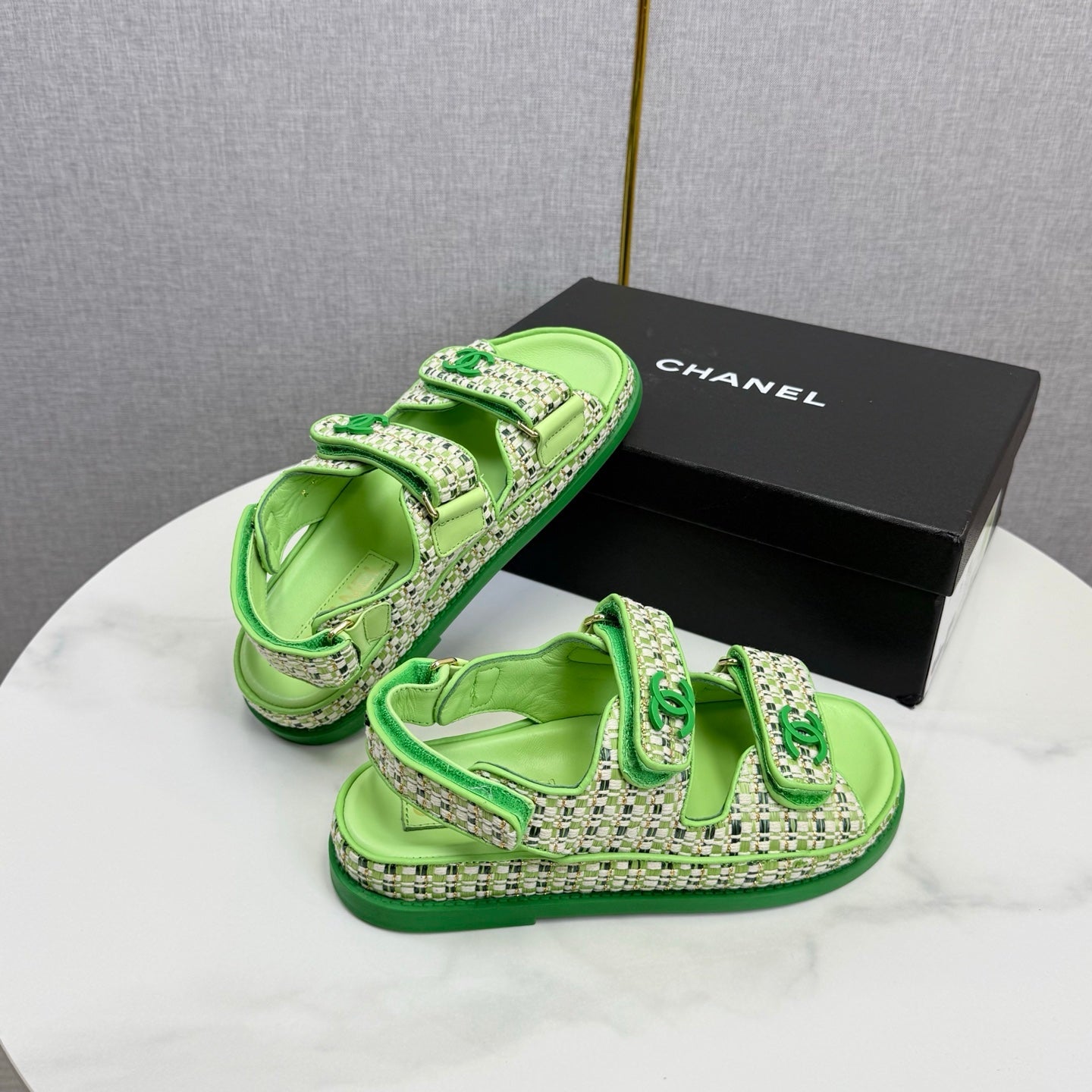 CC Dad Sandal Green Cream Tweed Sheepskin  620120