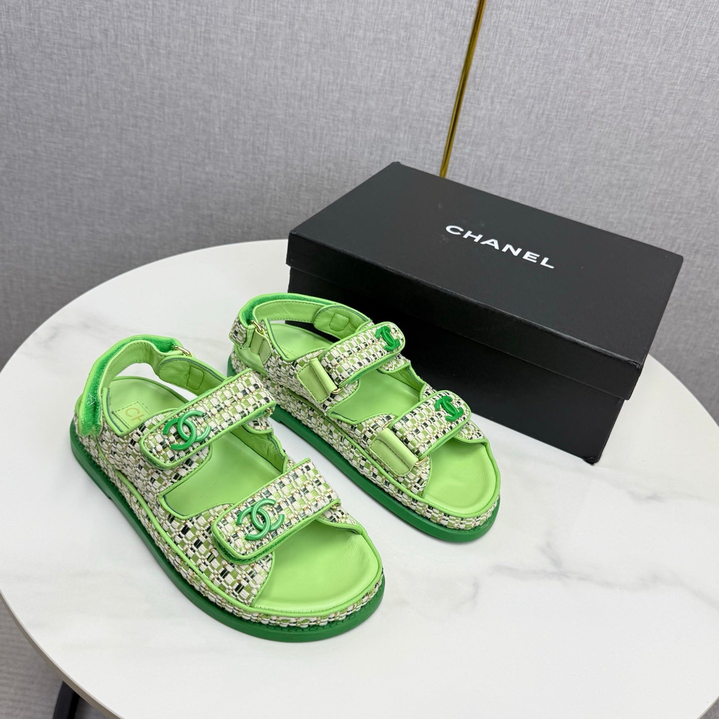 CC Dad Sandal Green Cream Tweed Sheepskin  620120