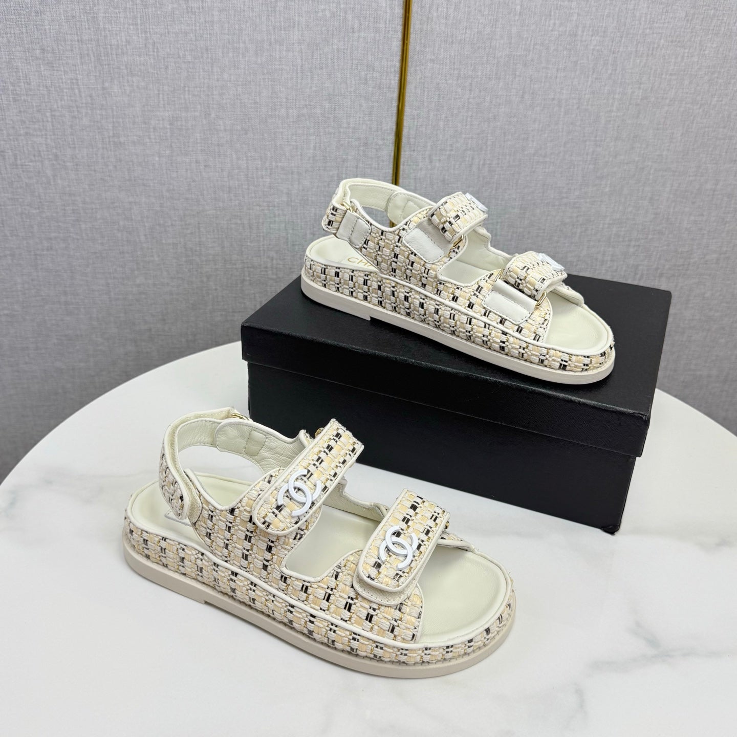 CC Dad Sandal Ivory Black Tweed Sheepskin  620124