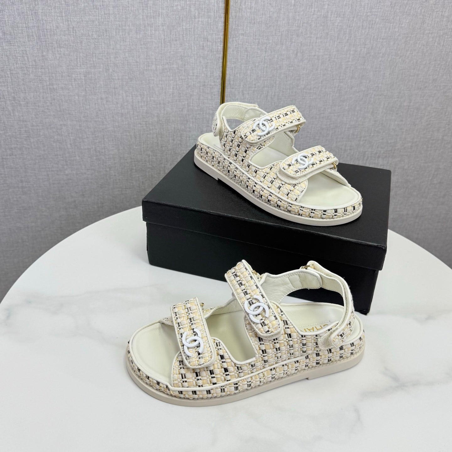 CC Dad Sandal Ivory Black Tweed Sheepskin  620124