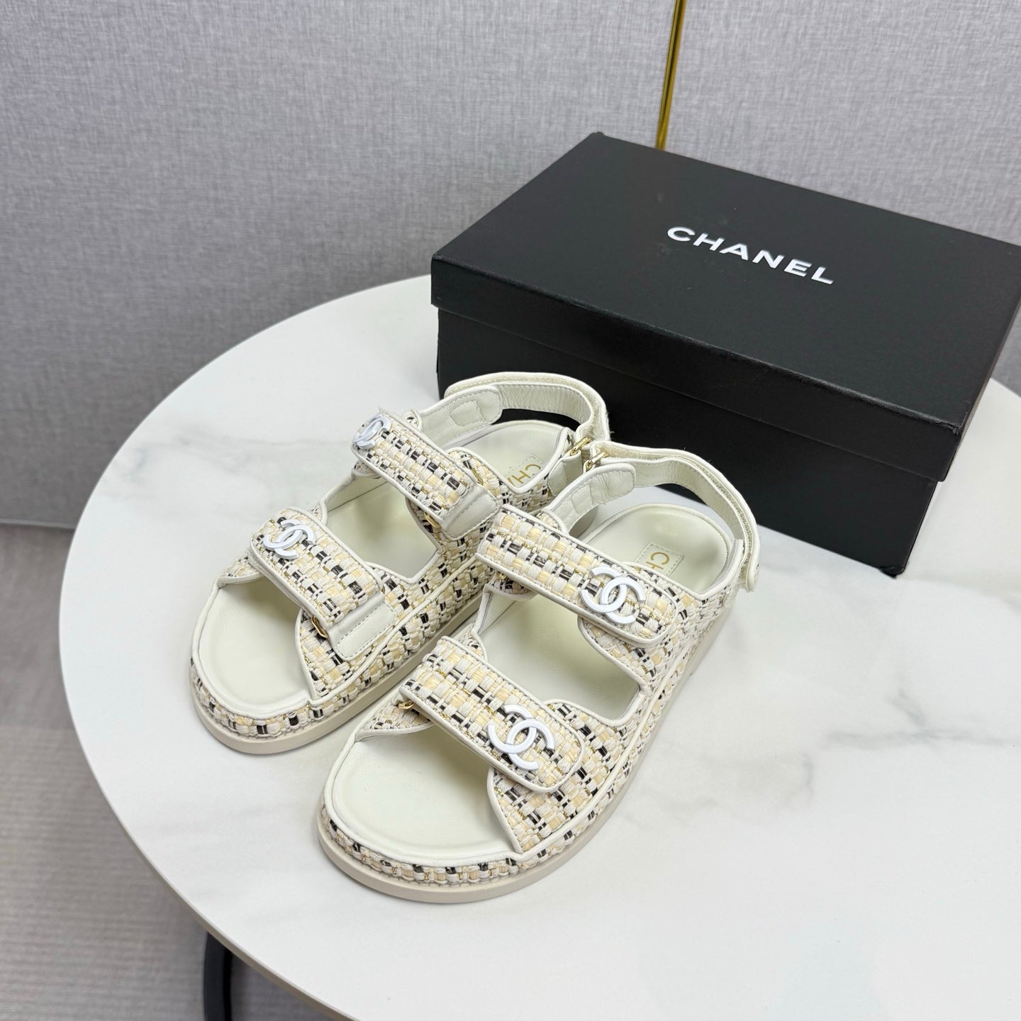 CC Dad Sandal Ivory Black Tweed Sheepskin  620124