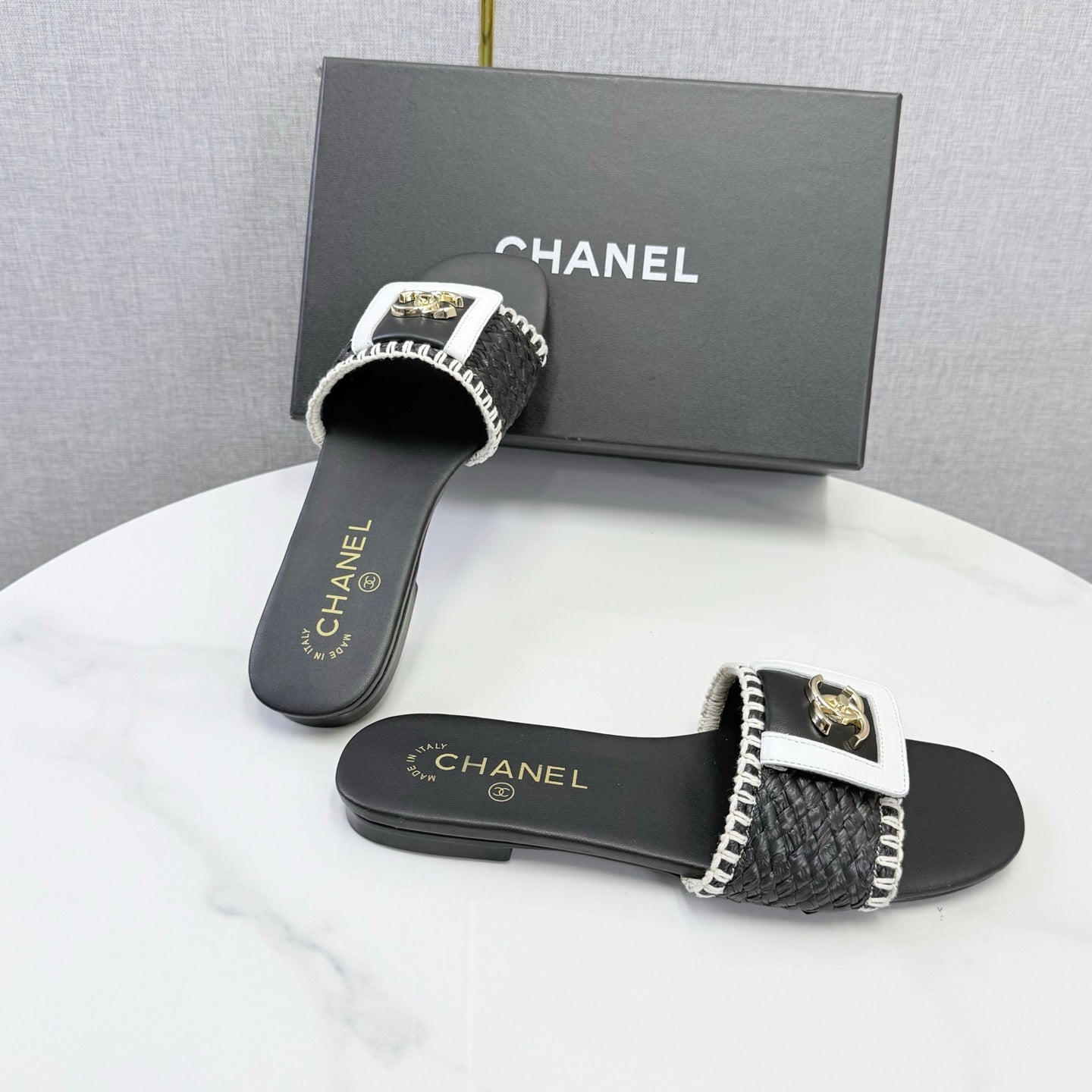 Chanel 26s Woven Strap Slides Black White Lambskin