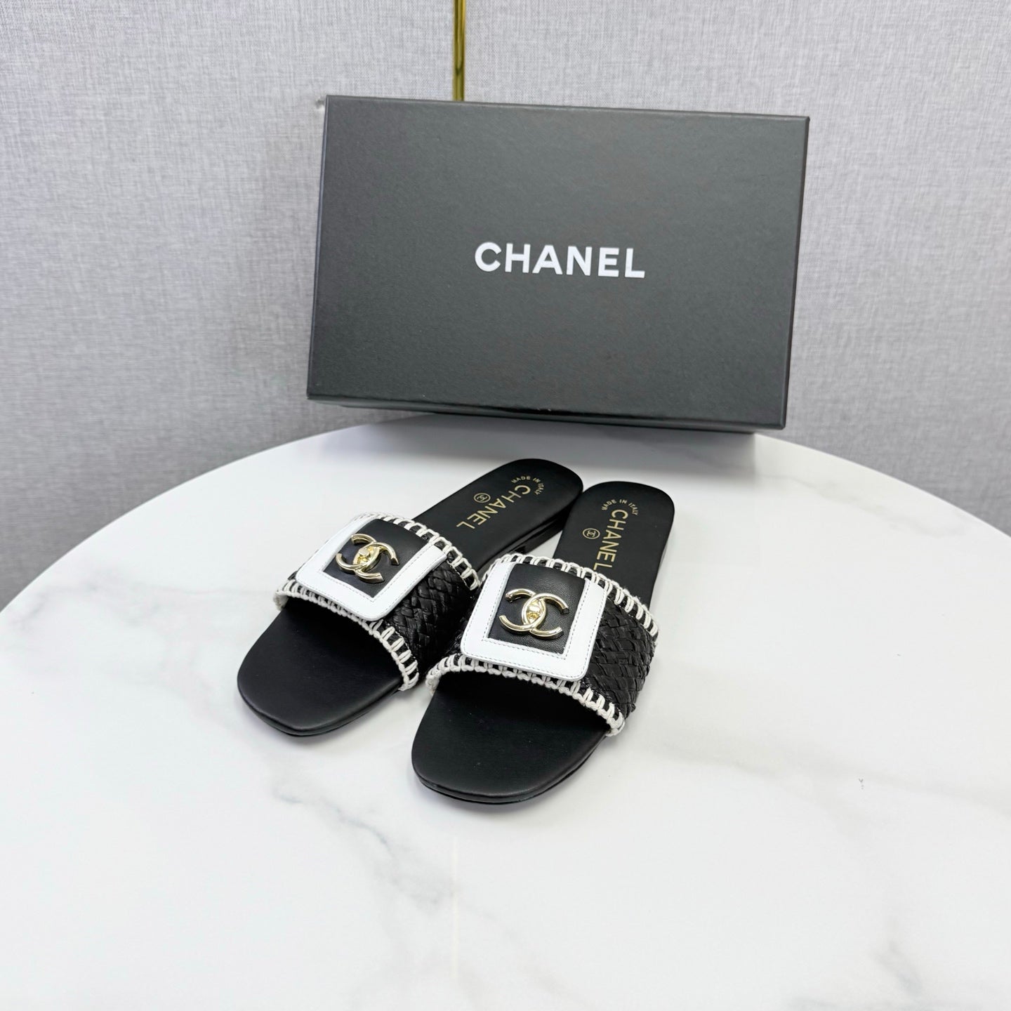 Chanel 26s Woven Strap Slides Black White Lambskin