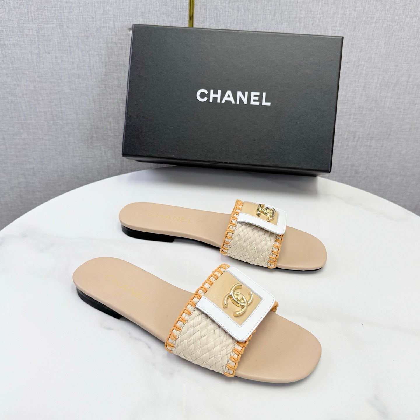 Chanel 26s Woven Strap Slides Beige Orange Lambskin