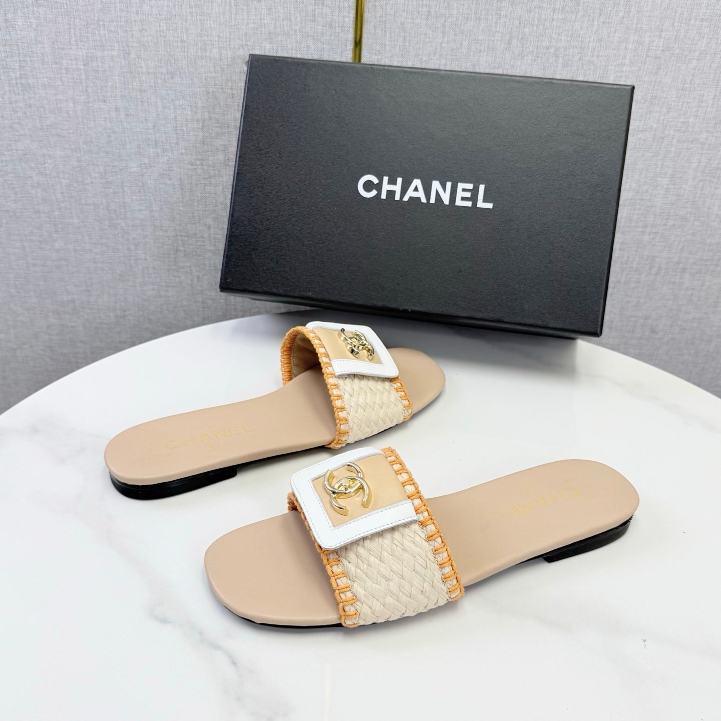 Chanel 26s Woven Strap Slides Beige Orange Lambskin