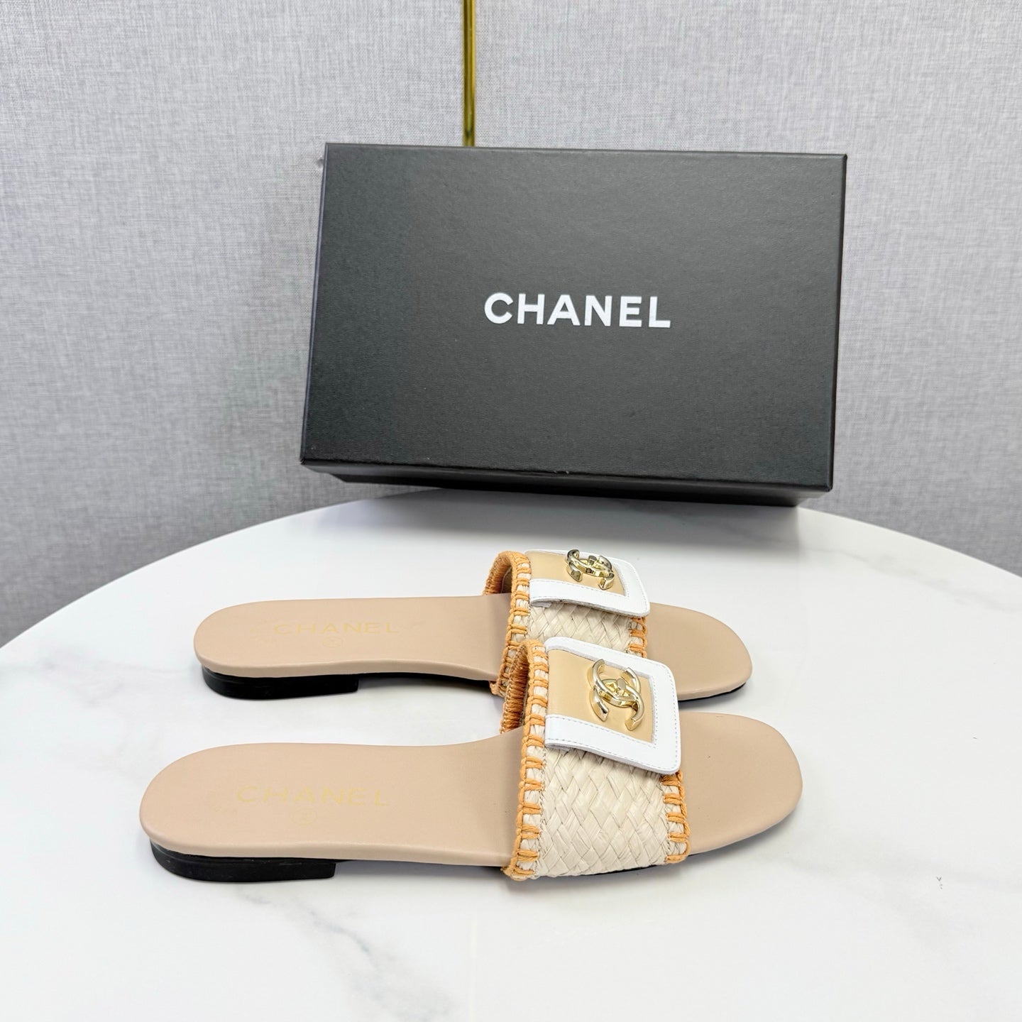 Chanel 26s Woven Strap Slides Beige Orange Lambskin