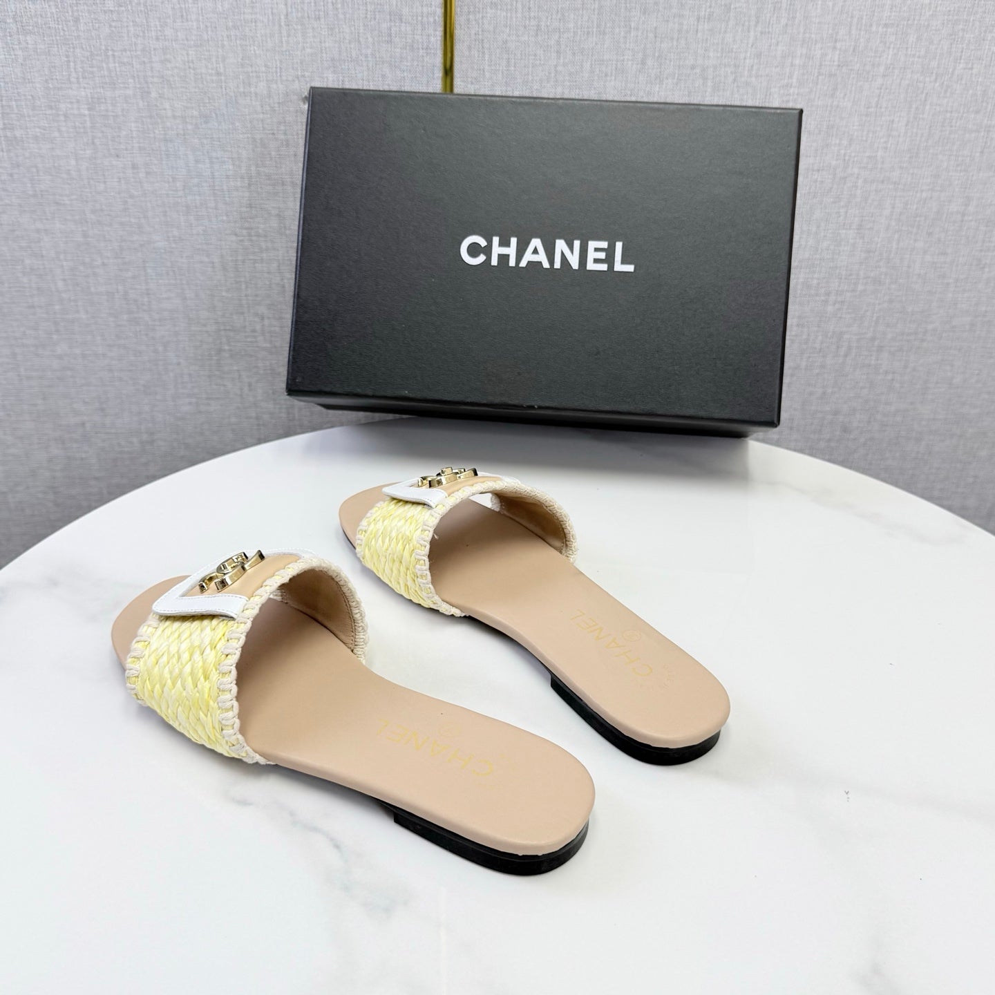 Chanel 26s Woven Strap Slides Yellow Beige Lambskin