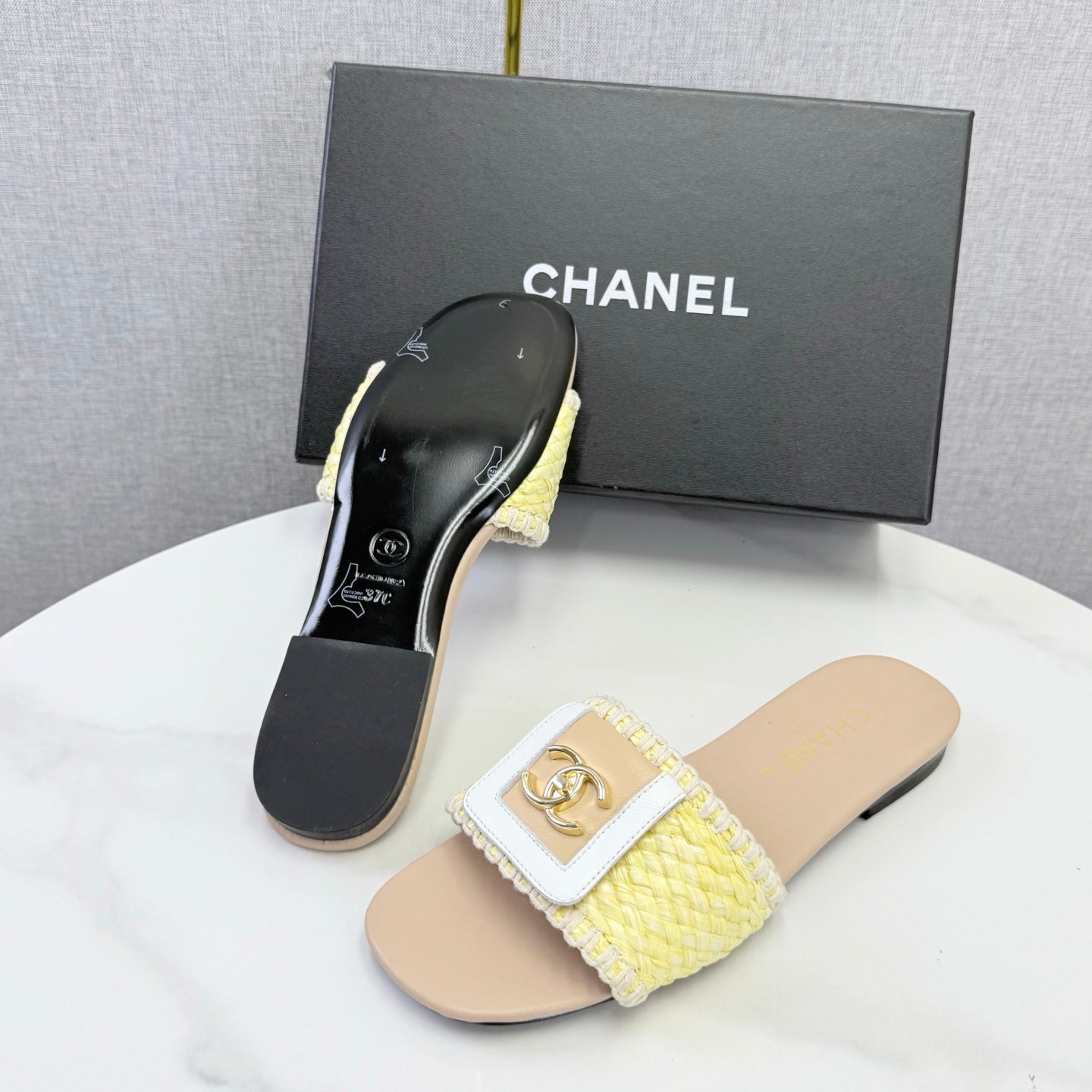 Chanel 26s Woven Strap Slides Yellow Beige Lambskin