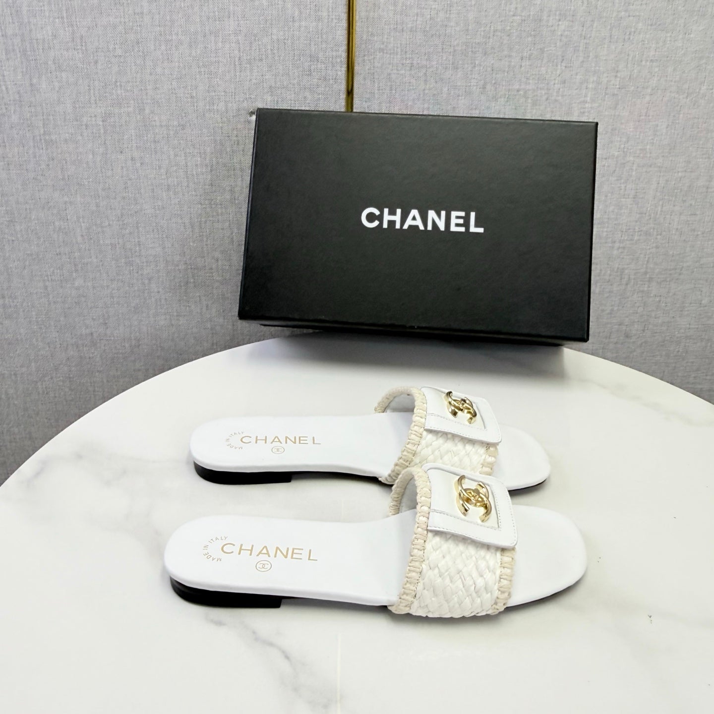 Chanel 26s Woven Strap Slides White Lambskin
