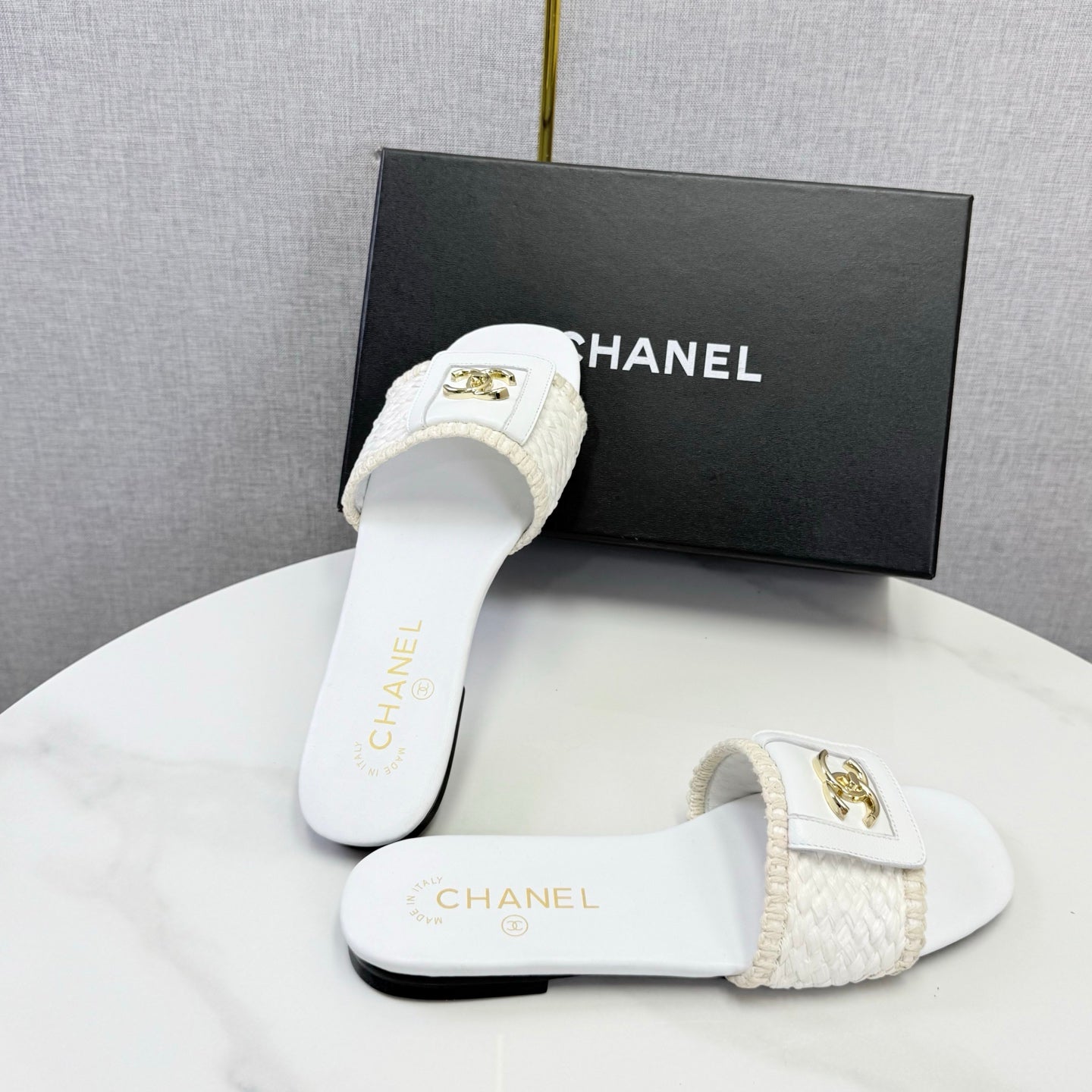 Chanel 26s Woven Strap Slides White Lambskin