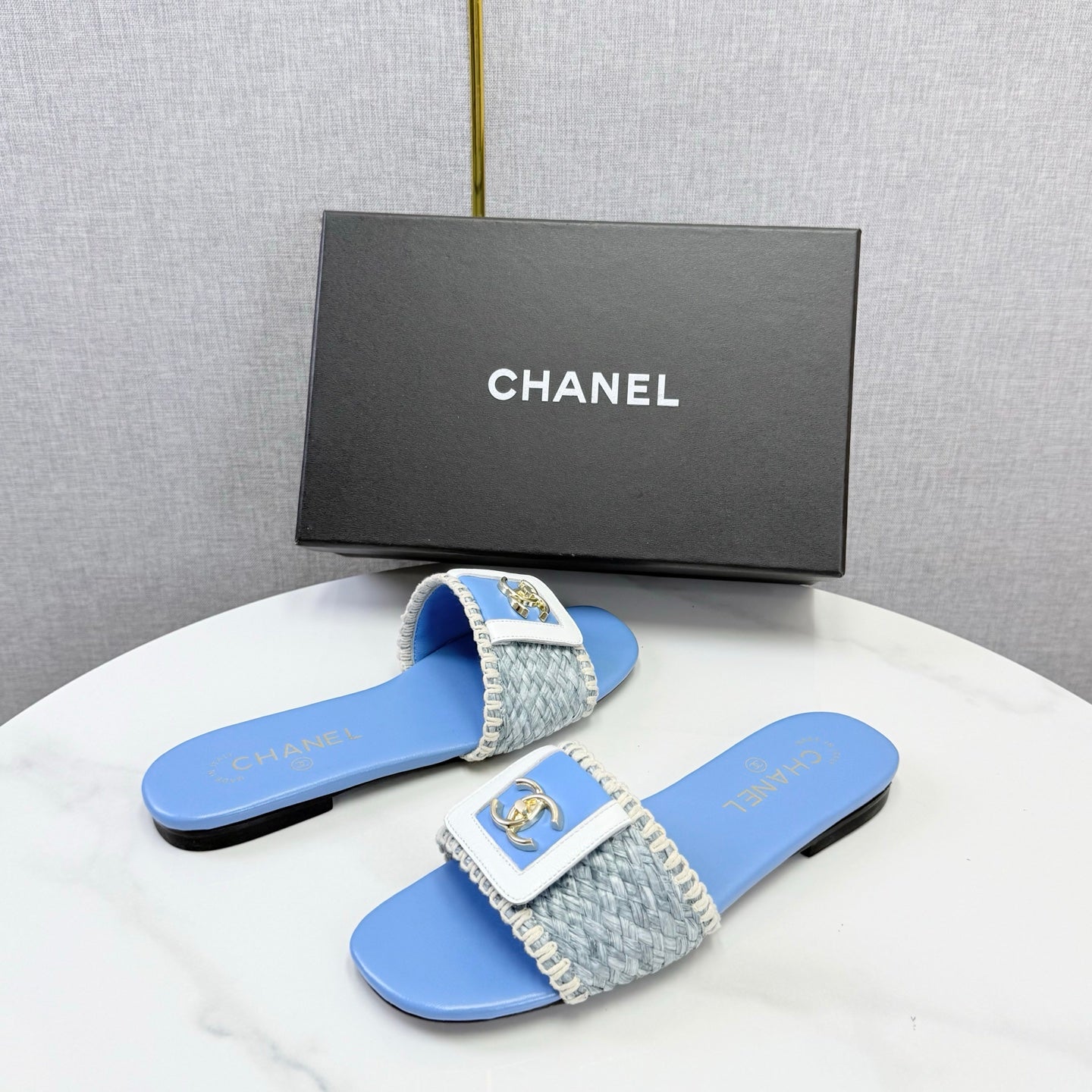 Chanel 26s Woven Strap Slides Sky Blue Lambskin