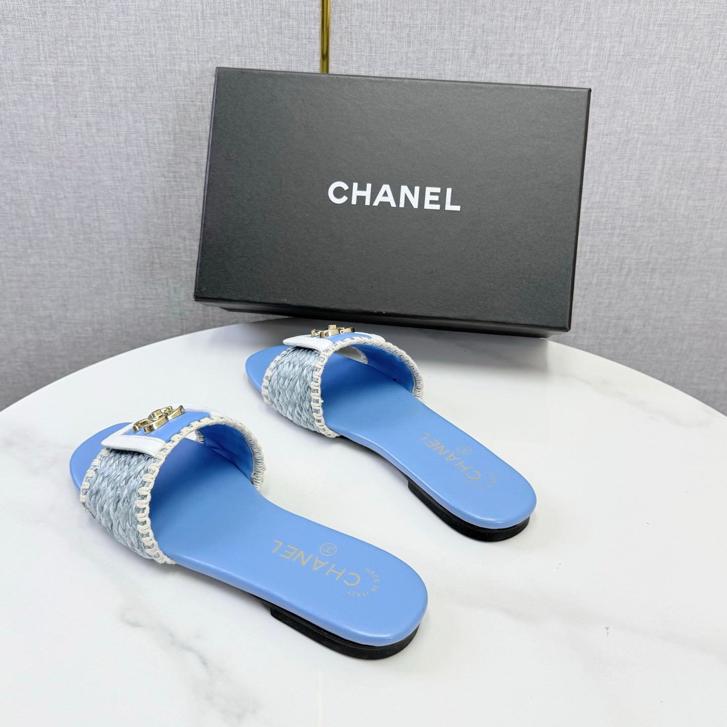 Chanel 26s Woven Strap Slides Sky Blue Lambskin