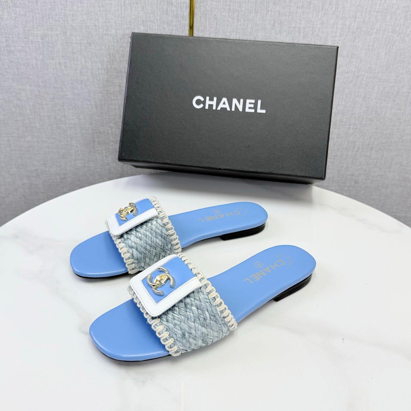 Chanel 26s Woven Strap Slides Sky Blue Lambskin