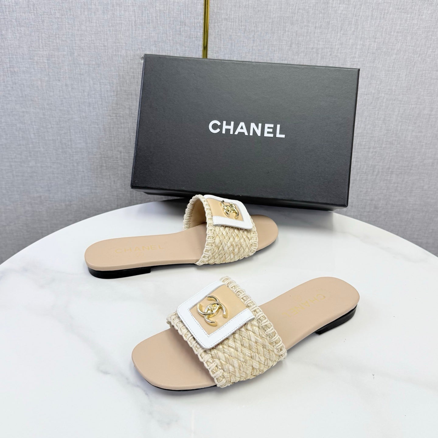 Chanel 26s Woven Strap Slides Beige Lambskin
