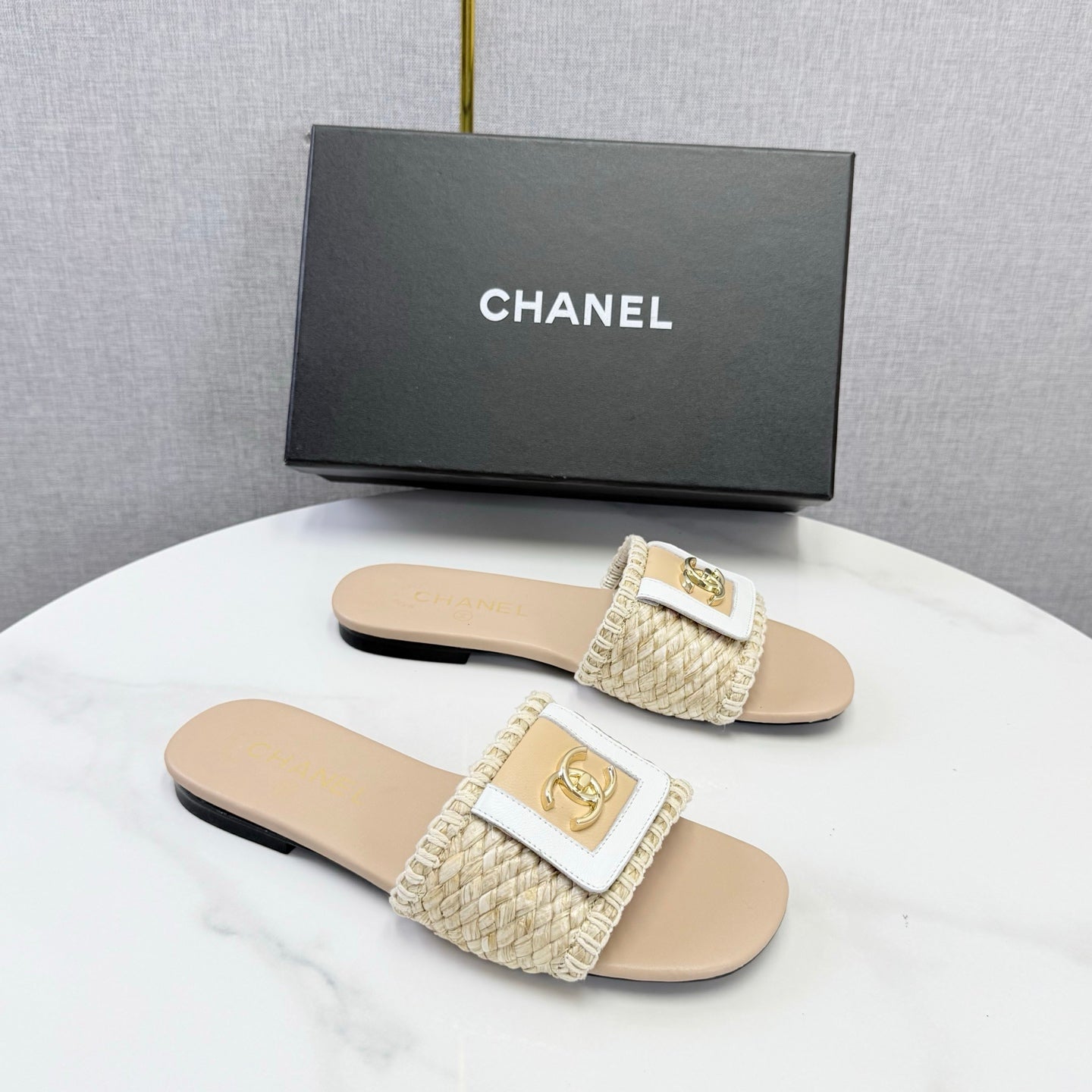 Chanel 26s Woven Strap Slides Beige Lambskin