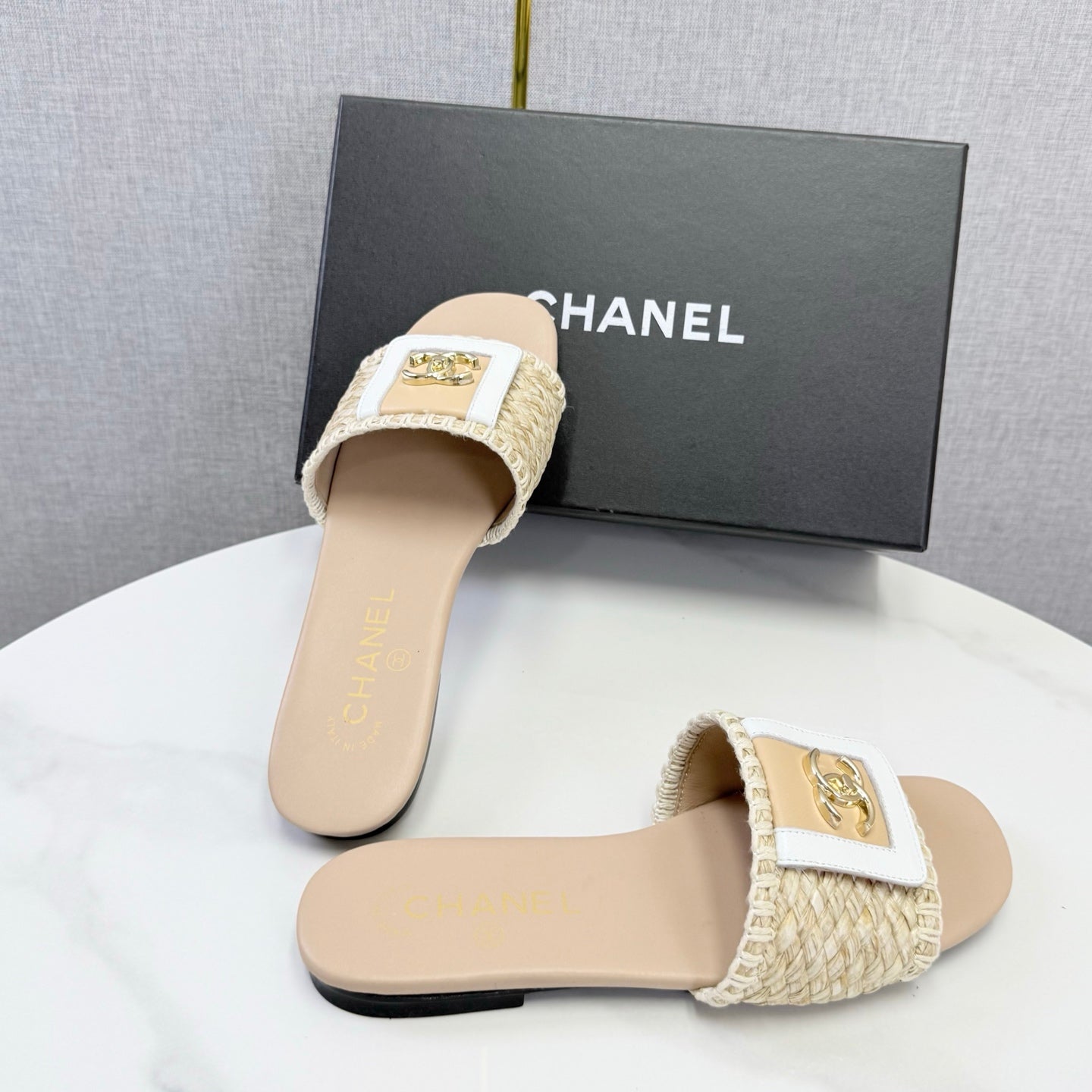 Chanel 26s Woven Strap Slides Beige Lambskin