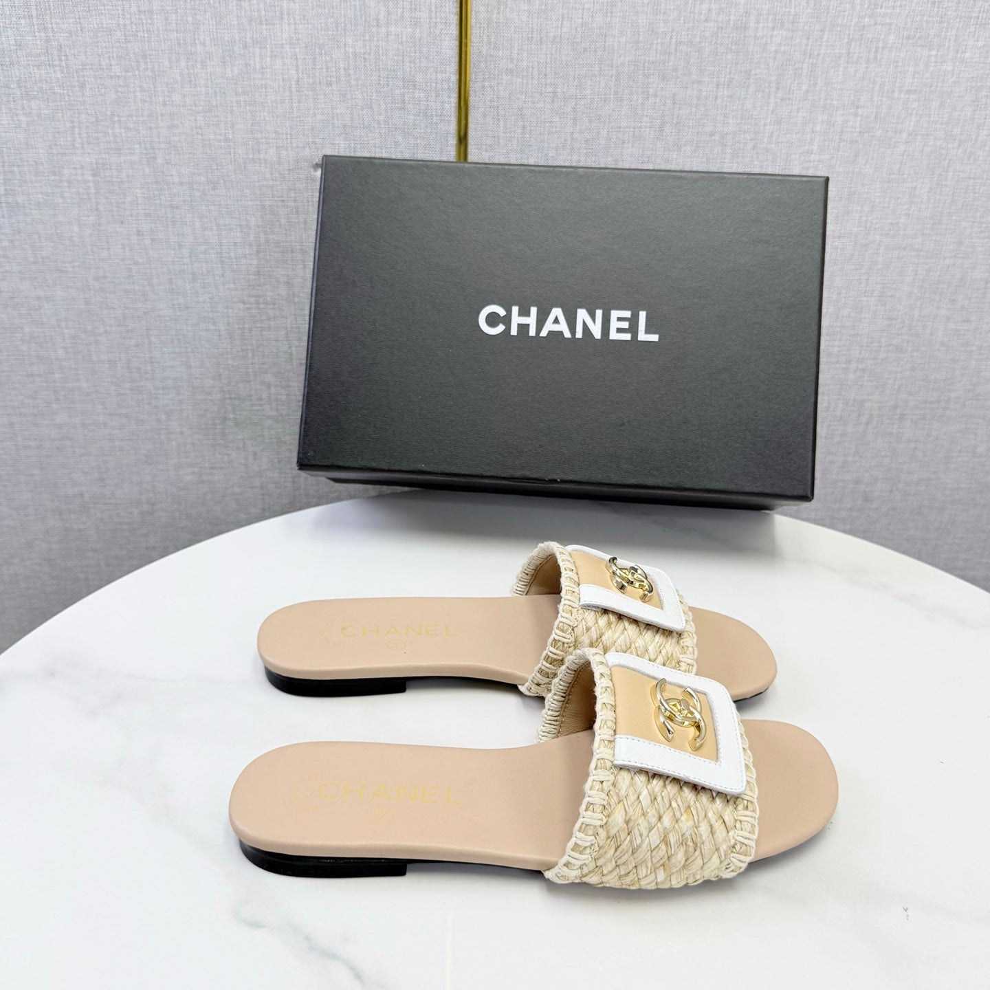 Chanel 26s Woven Strap Slides Beige Lambskin