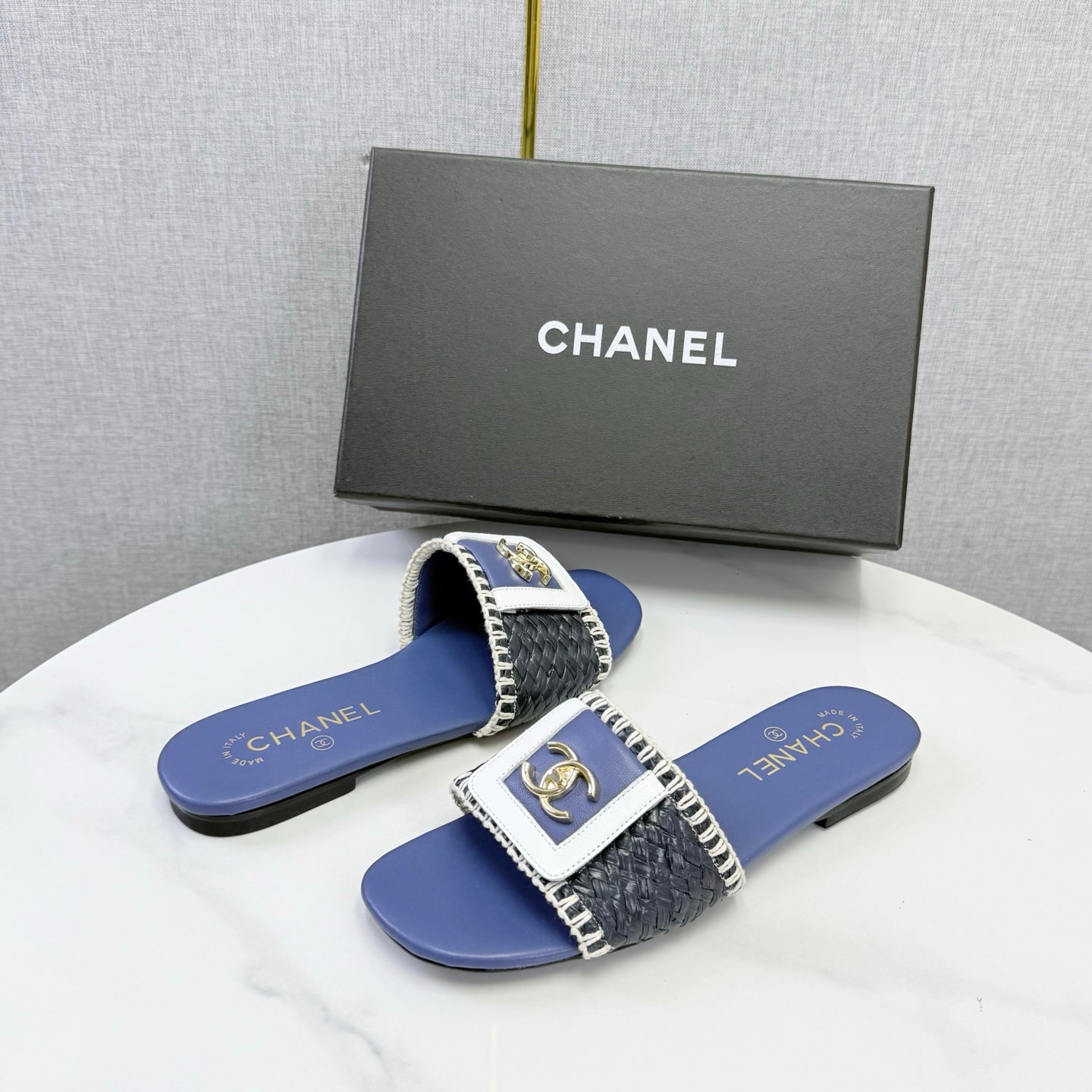 Chanel 26s Woven Strap Slides Dark Blue Lambskin
