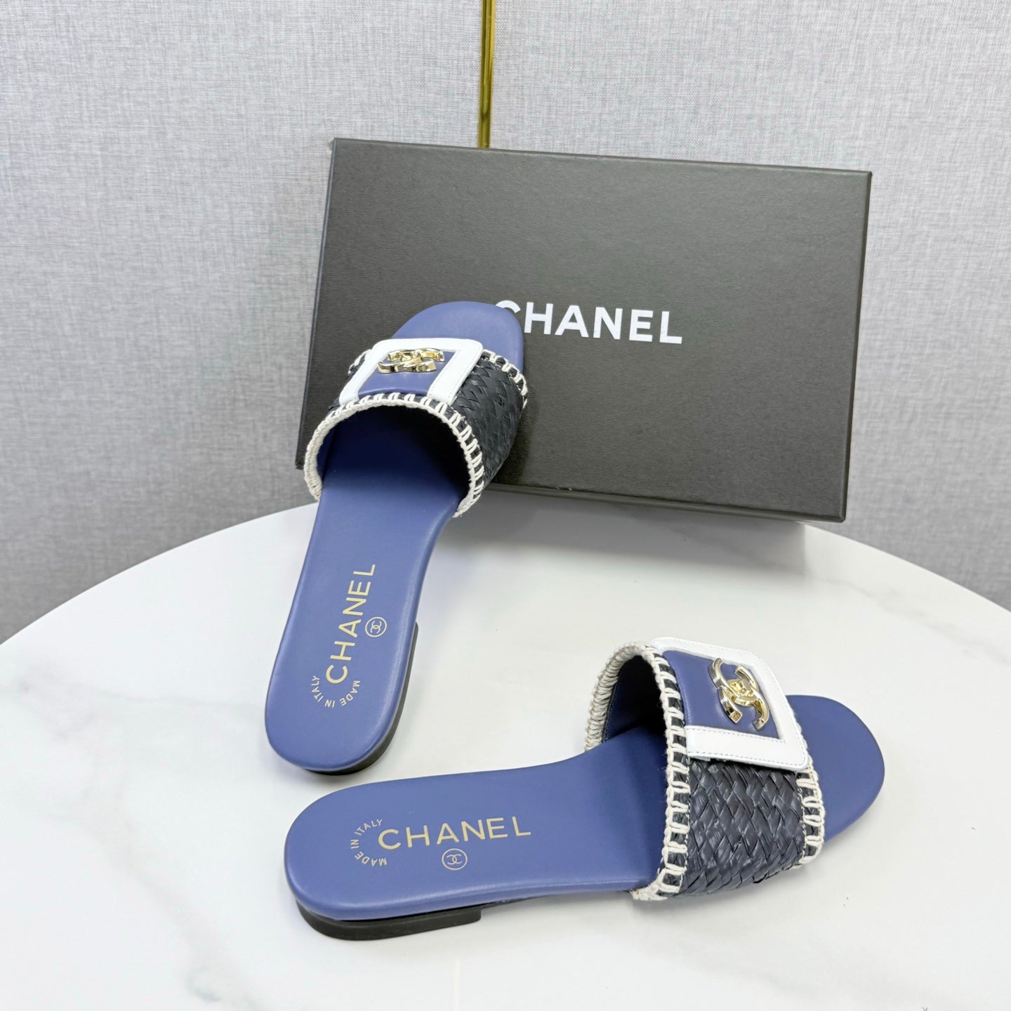 Chanel 26s Woven Strap Slides Dark Blue Lambskin