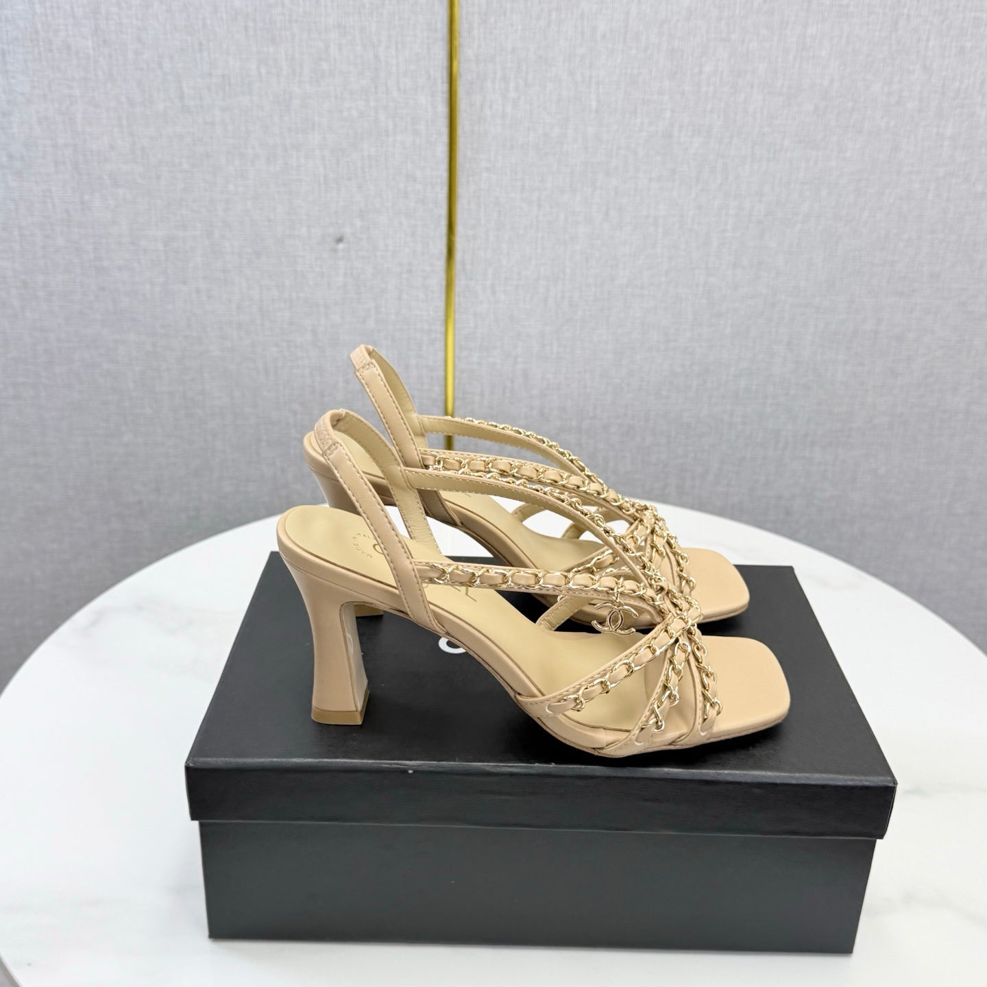 CC 26s Chain Strap High Heels 6.5cm Beige Lambskin